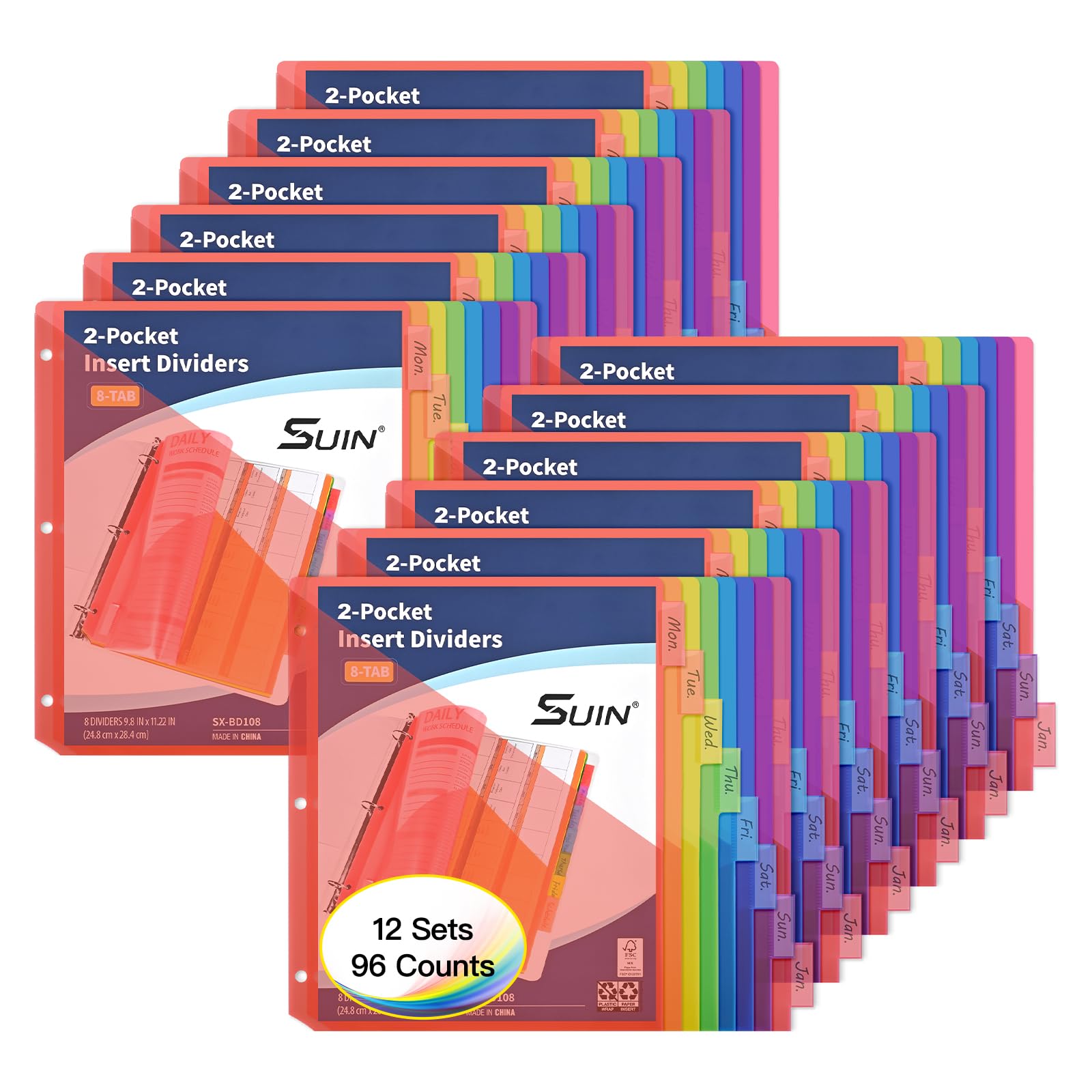 SUIN Divisori inseribili con 8 linguette con doppie tasche, separatori di pagine in plastica traslucida per raccoglitore a 3 anelli, archiviazione anteriore e posteriore, in poliestere resistente