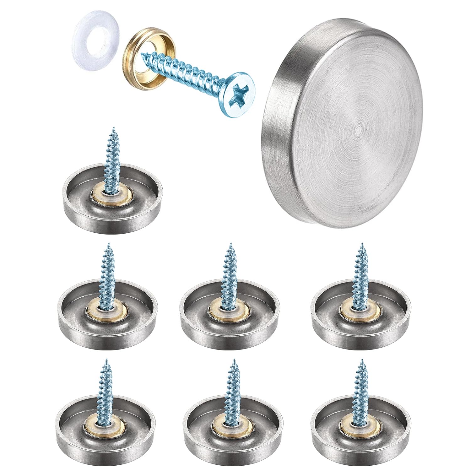 8PCS Juttzzei Screw Covers Caps, 22mm Mirror Screws with Decorative Cap Covers, Polished Stainless Steel Decorative Screws with Caps for Mirrors, Furniture Fittings, Glass, Tables, Wardrobes - Silver — image 1