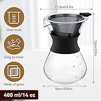 Vista 2 de HERCHR Cafetera vertida con filtro de acero inoxidable, cafetera de vidrio, olla de goteo, cafetera de vidrio reutilizable, cafetera manual