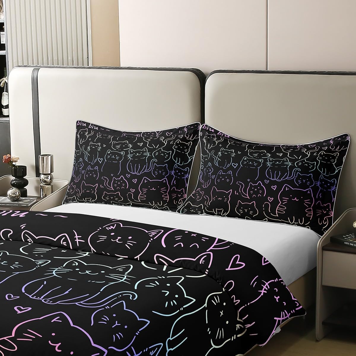 Erosebridal Cat 100% Cotton Bedding Set Twin Size Lovely Cartoon Duvet Cover for Kids Boys Girls Heart Stick Figure Rainbow Black Green Pink Comforter Cover Soft Comfy Bedclothes