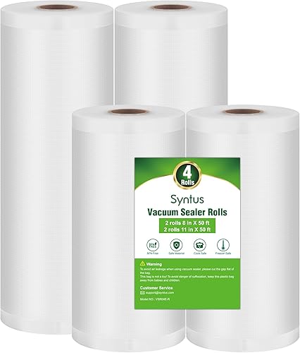 Syntus Bolsas de sellado al vacío, paquete de 4 unidades de 2 rollos de 8 x 50 pies y 2 rollos de 11 pulgadas x 50 pies de grado comercial, bolsas