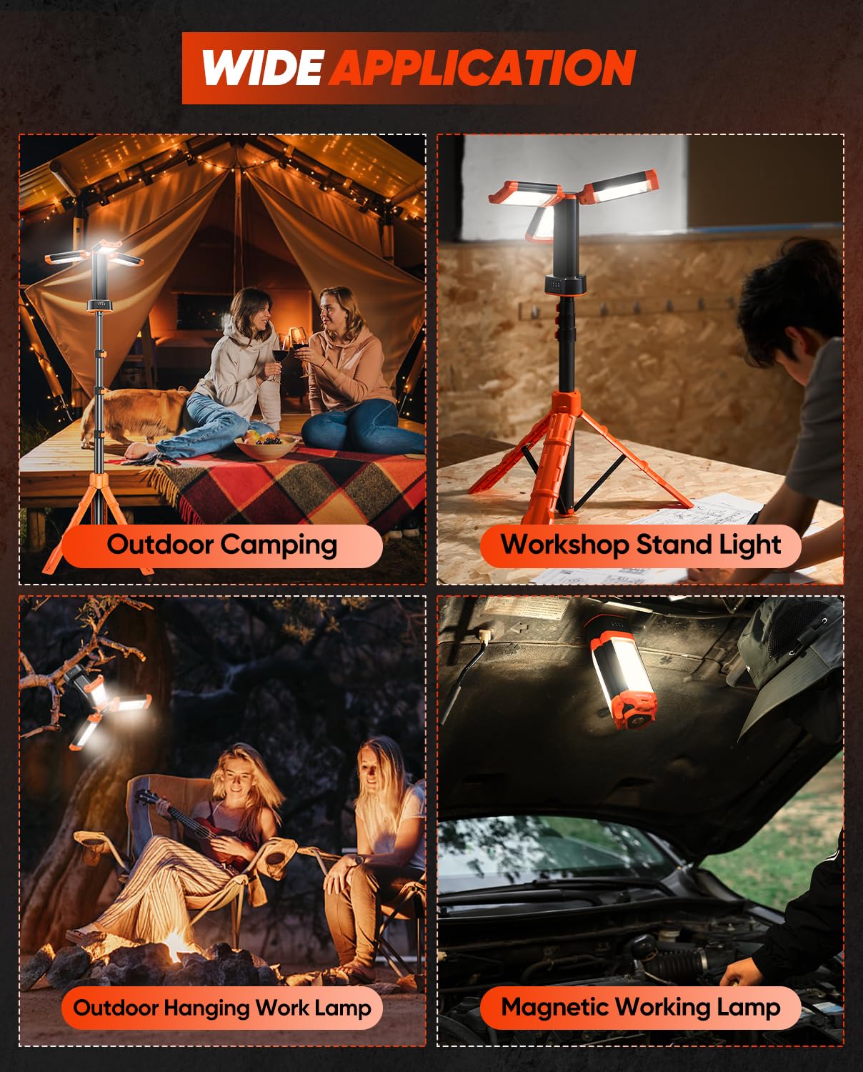 Saker Tragbare Campingleuchte mit Ständer, 185,4 cm, 20000 mAh, wiederaufladbar, LED-Arbeitsleuchten, 800/3200 Lumen, 4000/6500 K, mit abnehmbarem Stativ für Camping, Arbeiten im Freien, Stromausfälle