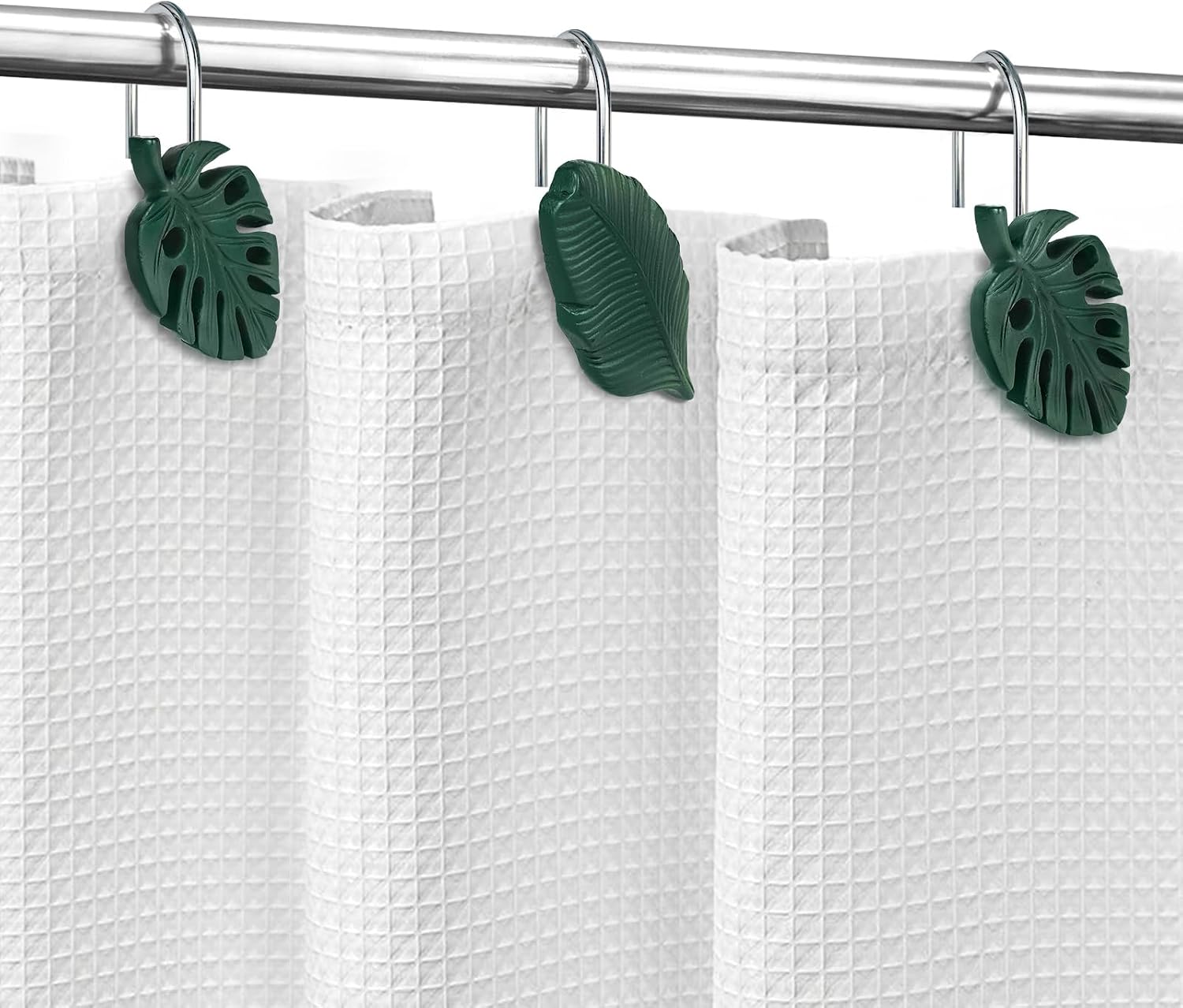 Tropical Leaf Decorative Shower Curtain Hooks Dark Green Botanical Shower Curtain Rings, Resin, Monstera Deliciosa Strelitzia Reginae Leaves Shower Curtain Hangers for Bathroom, Set of 12 image 3
