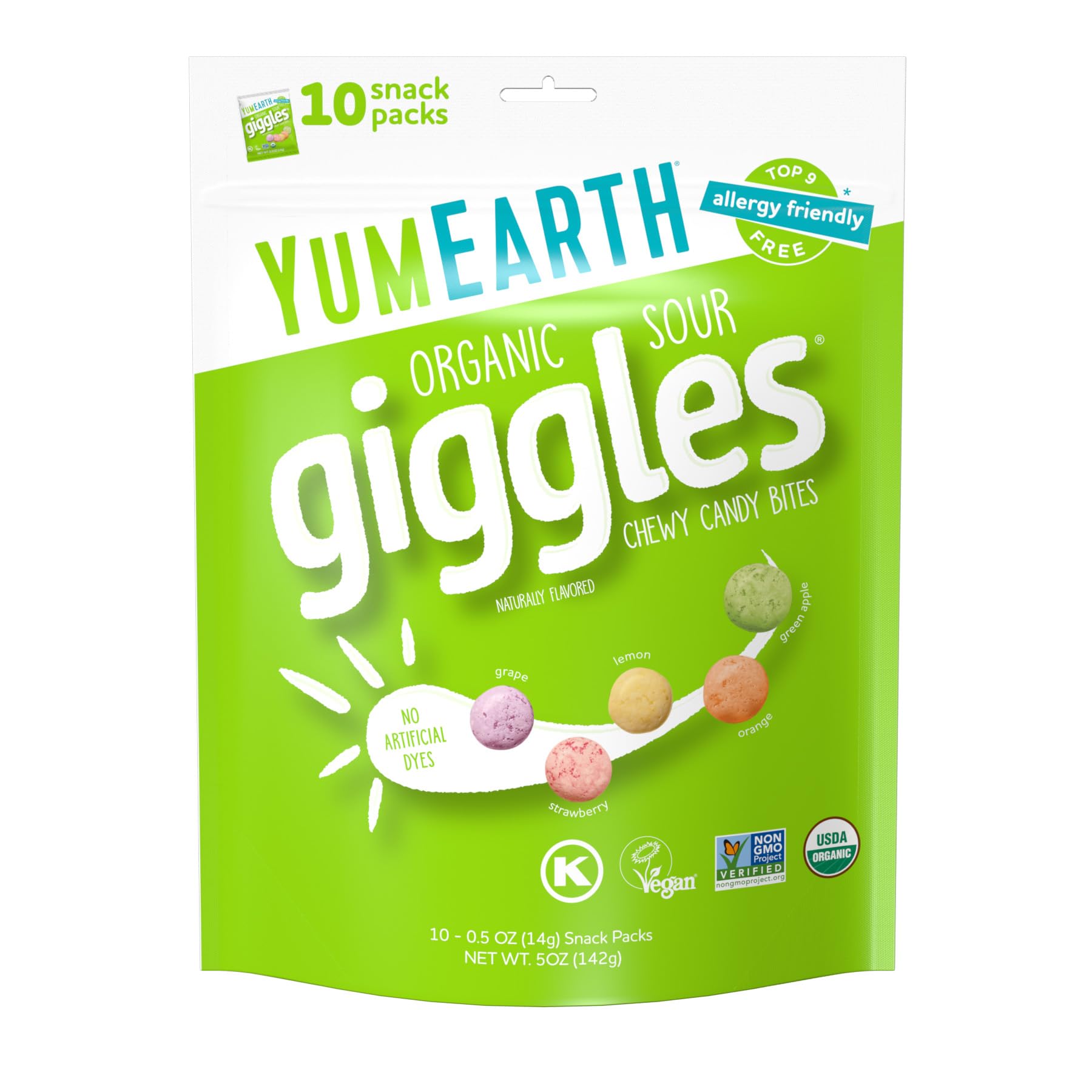 YumEarth Organic Sour Giggles Chewy Candy - Allergy Friendly (Top 9 Free), No Artificial Dyes or Flavors, Non GMO, Gluten Free, Vegan - Individually Wrapped Sour Snack Packs - 0.5 Ounce (Pack of 10)USDA Organic