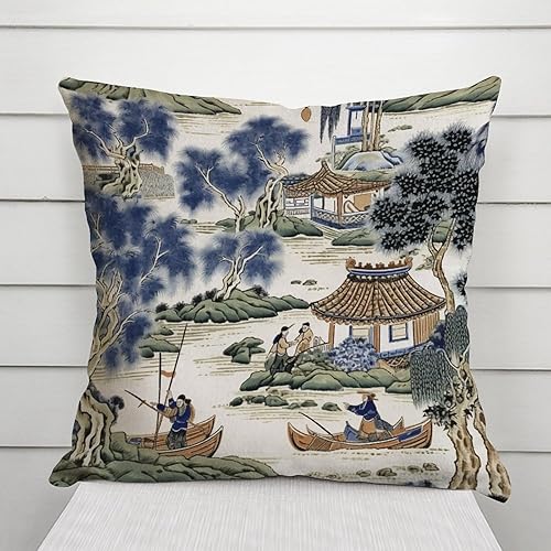 Miniatura 3 de Funda de almohada asiática escénica azul y verde Kelly Chinoiserie Euro Funda de almohada asiática 24 x 24 pulgadas, funda de almohada decorativa