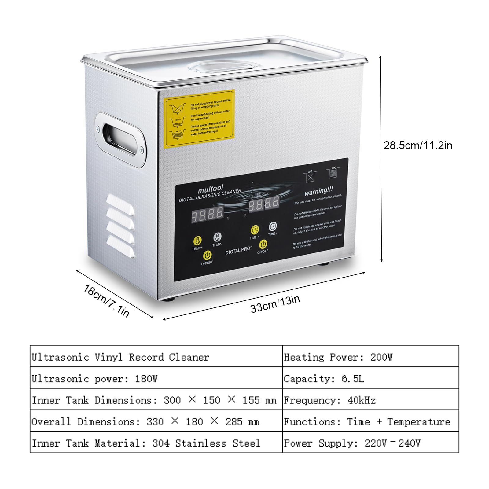 Limpiador Ultrasónico de 6.5L, Máquina de Limpieza Digital de Acero Inoxidable con Calefacción de 150W, con Calentador y Temporizador, para Gafas, Anillos, Discos de Vinilo y Piezas Pequeñas