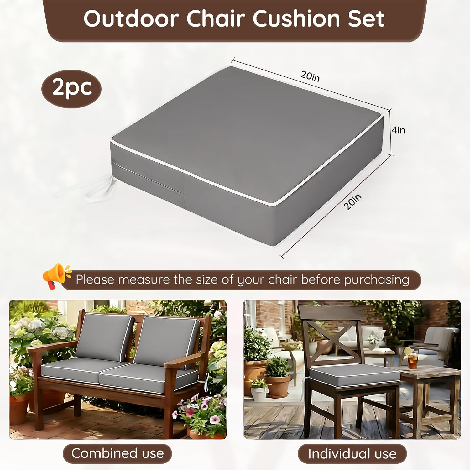 Outdoor Chair Cushions Set of 2, 20x20x4 Thick Waterproof Outdoor Seat Cushions for Patio Furniture, Fade Resistant Patio Chair Cushions with Ties (Elegant Gray, 20x20x4)