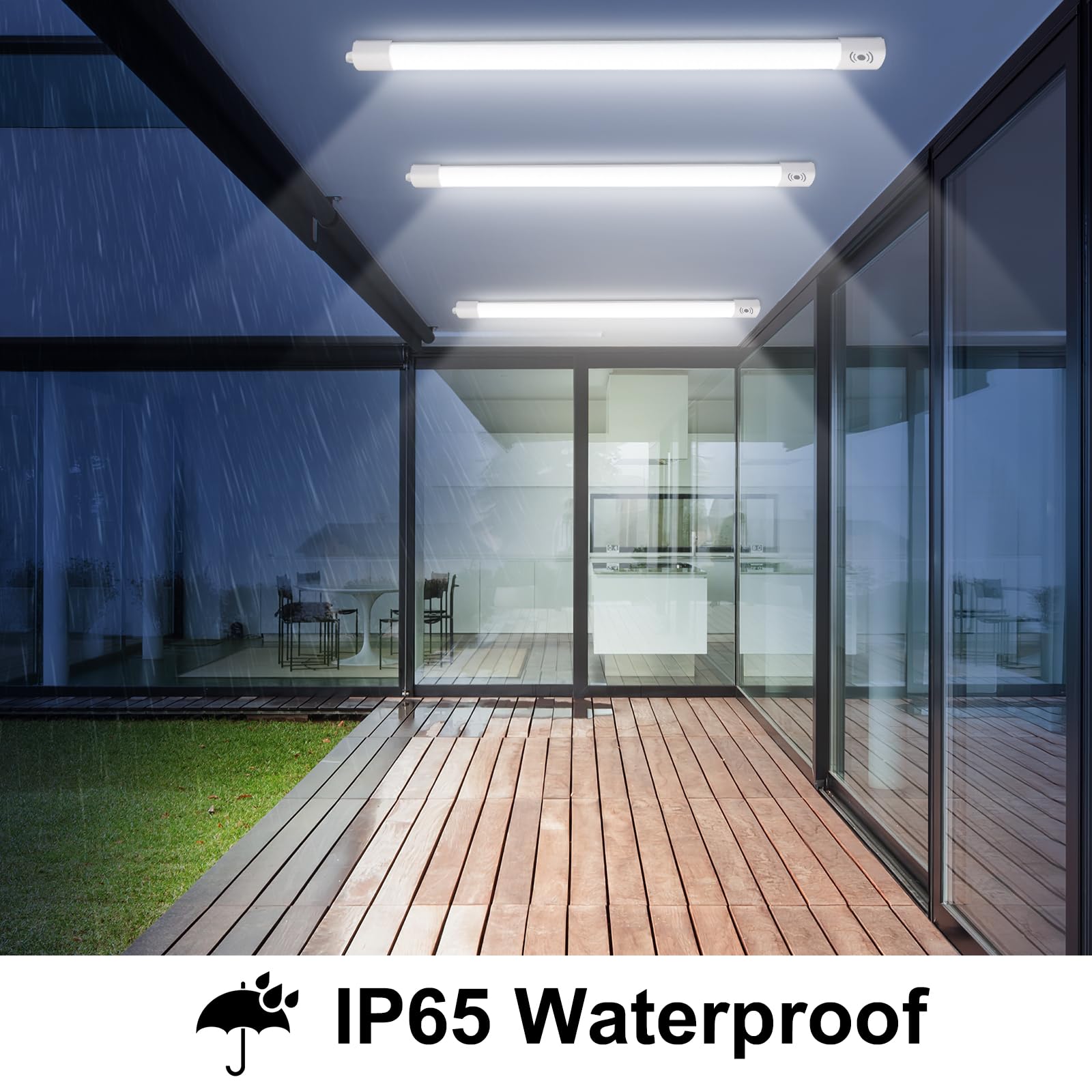 2 luces LED de neón de 120 cm, tubo LED 36 W, 4000 lúmenes, techo con detector de movimiento, IP65 impermeable para taller, sótano, oficina, granero, tienda