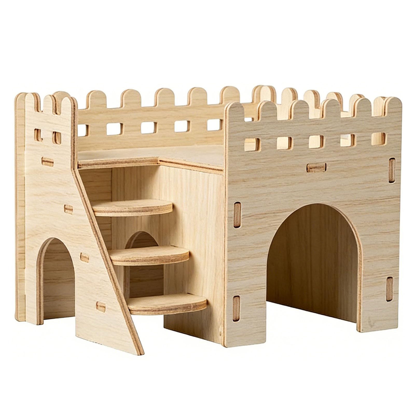 Castle Design Wooden Pet House with Stairs and Platforms, Multi-Level Small Animal Hideout and Playhouse, Natural Wood Hamster Cage Accessory for Climbing and Playing (style 3)