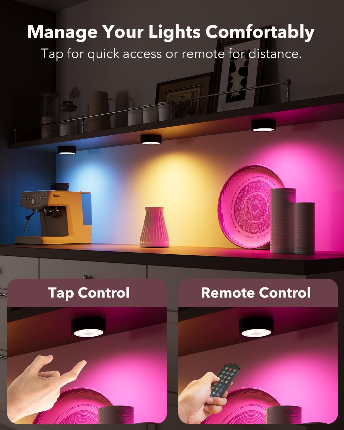 Luz Armario Sensor Movimiento, Luz LED Recargable 2400mAh RGB Cambio de Color, Adhesiva Magnética Iluminación Nocturna USB para Gabinete Cocina Escalera Pasillo Sótano Vitrina