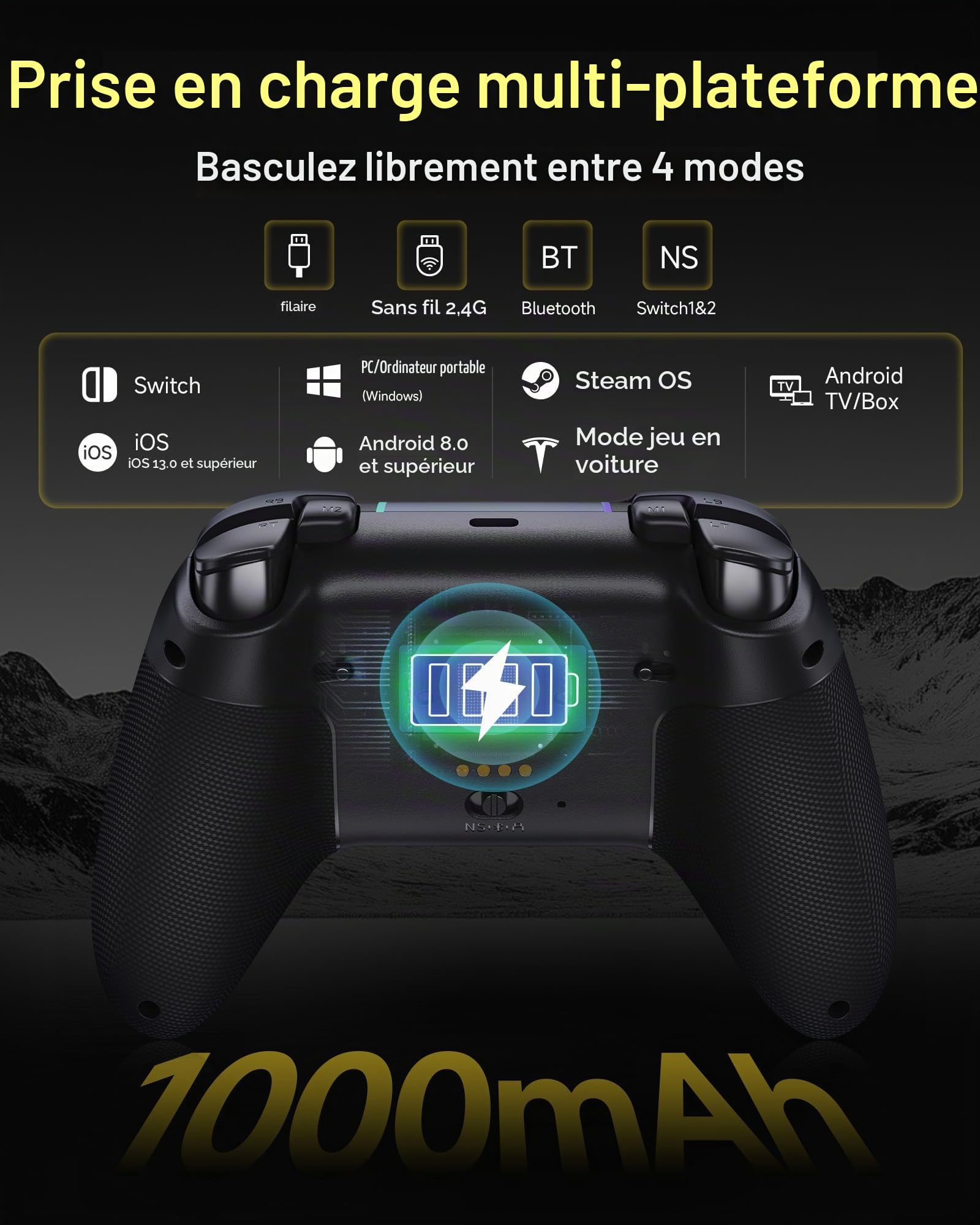 EasySMX X05Pro Manette PC sans Fil avec Station de Charge, Boutons Silencieux, Joysticks Hall, 1000Hz, Gâchettes 2 Niveaux, D-Pad 8 Directions, Batterie 1000mAh, pour PC/Switch/Android/iOS – Noir.