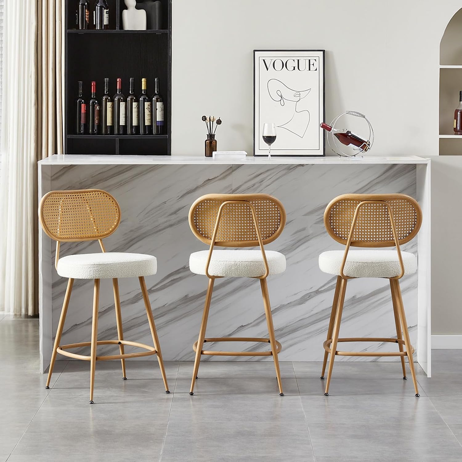 26" Rattan Barstools Set of 3, Counter Height Bar Chair with Wooden Metal Legs, Modern Armless Sherpa Pub Chair, Adjustable Feetpads Stools for Home Counter, Kitchen Dining Island, Cafe(Grey)