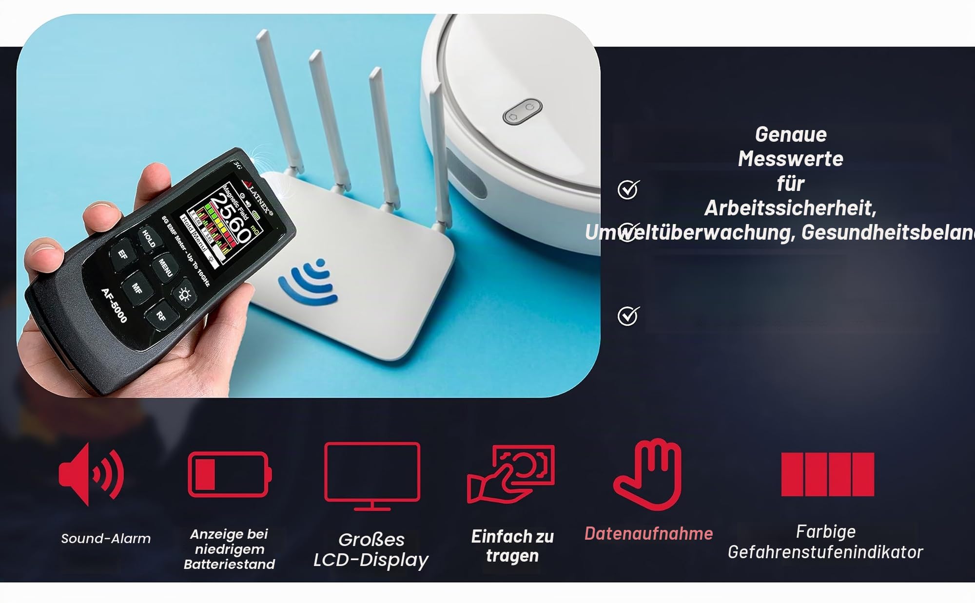 LATNEX AF-5000 5G EMF-Messgerät, HF-Detektor, Tester und Lesegerät mit Kalibrierzertifikat – misst HF- und Mikrowellen, 3-Achsen-Magnetfelder und elektrische Felder