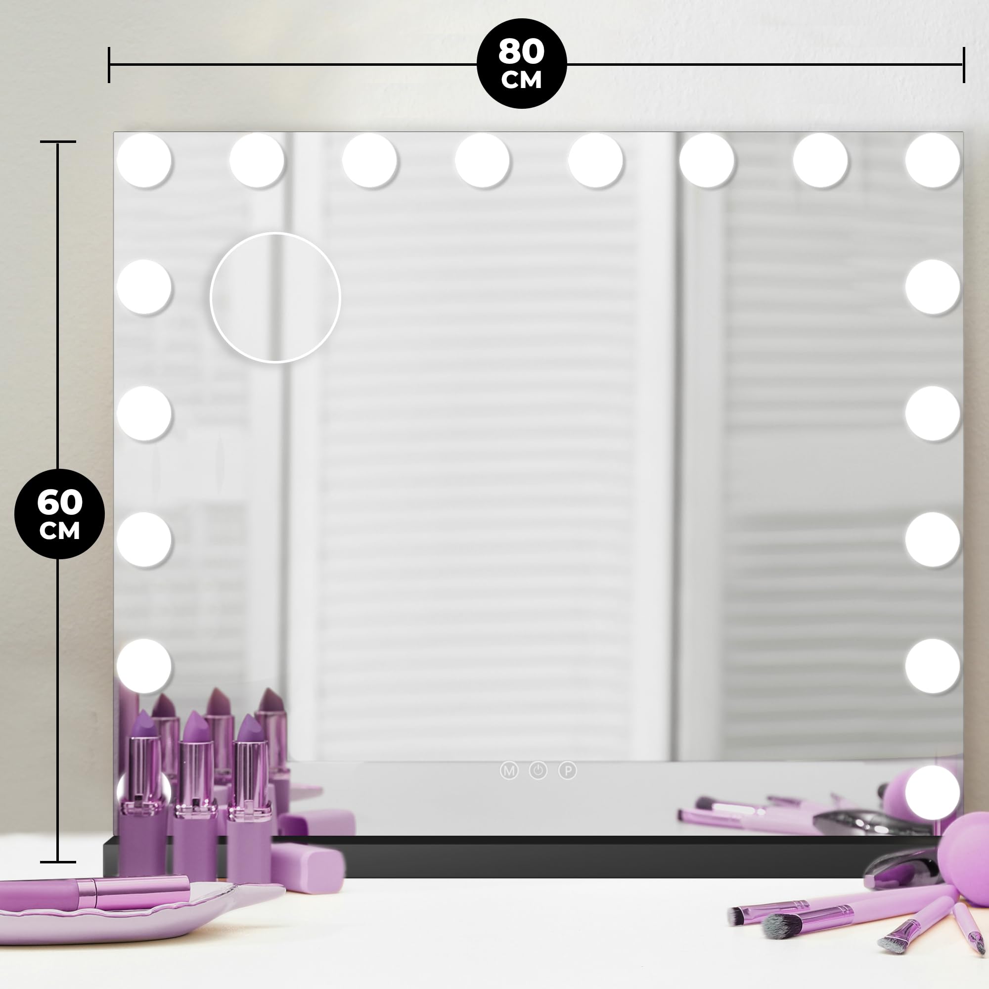 Specchio Trucco LED Con Luci Hollywood - 80x60 Cm, 18 Lampadine, 3 Luci, Ingranditore 10x, Oro - Foto 8