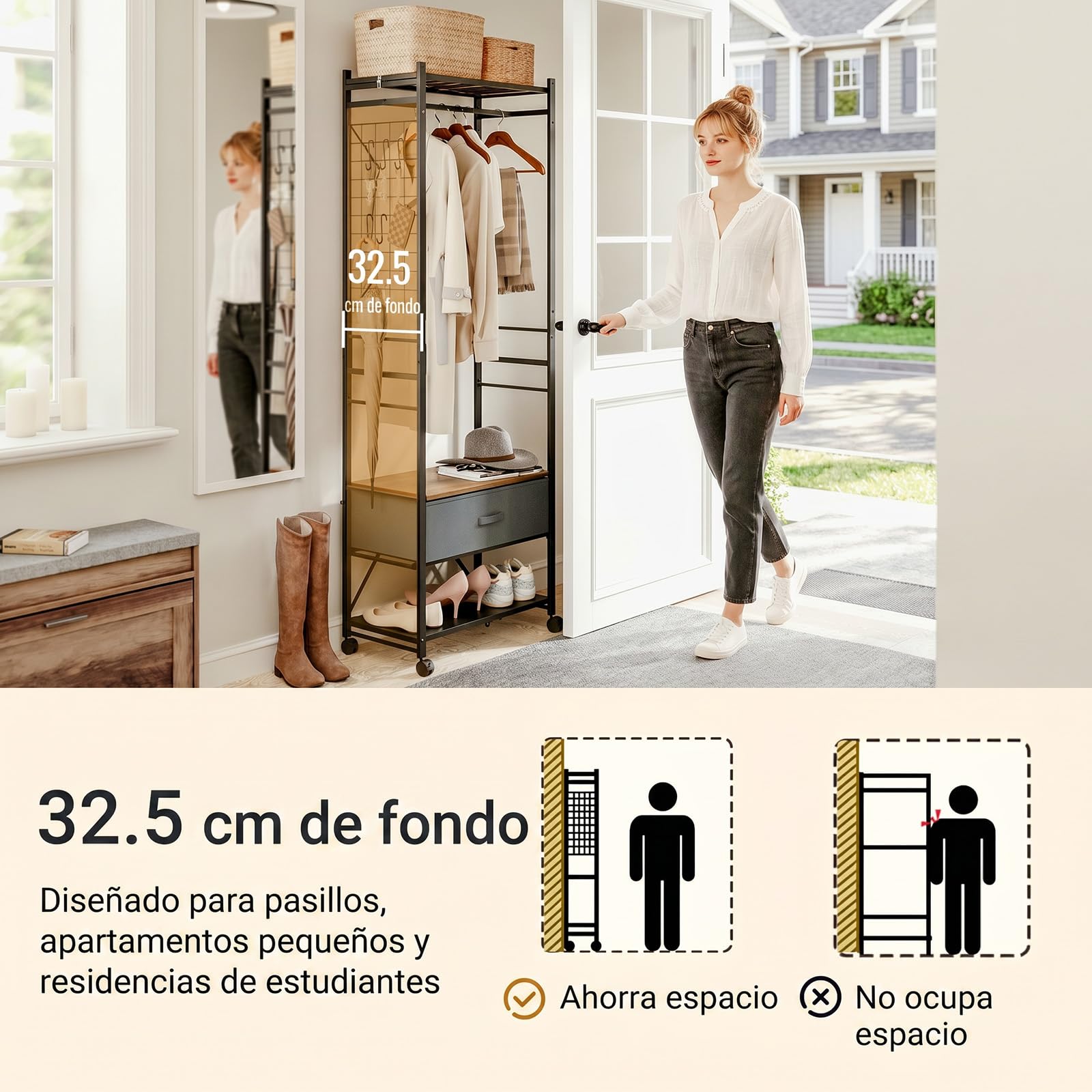 SoBuy Perchero plegable con ruedas & cajón de tela, 60,5x32,5x175 cm | Con portaequipajes & estantes de montaje flexible, para dormitorio pasillo, montaje sin herramientas, Negro, KLS23-SCH