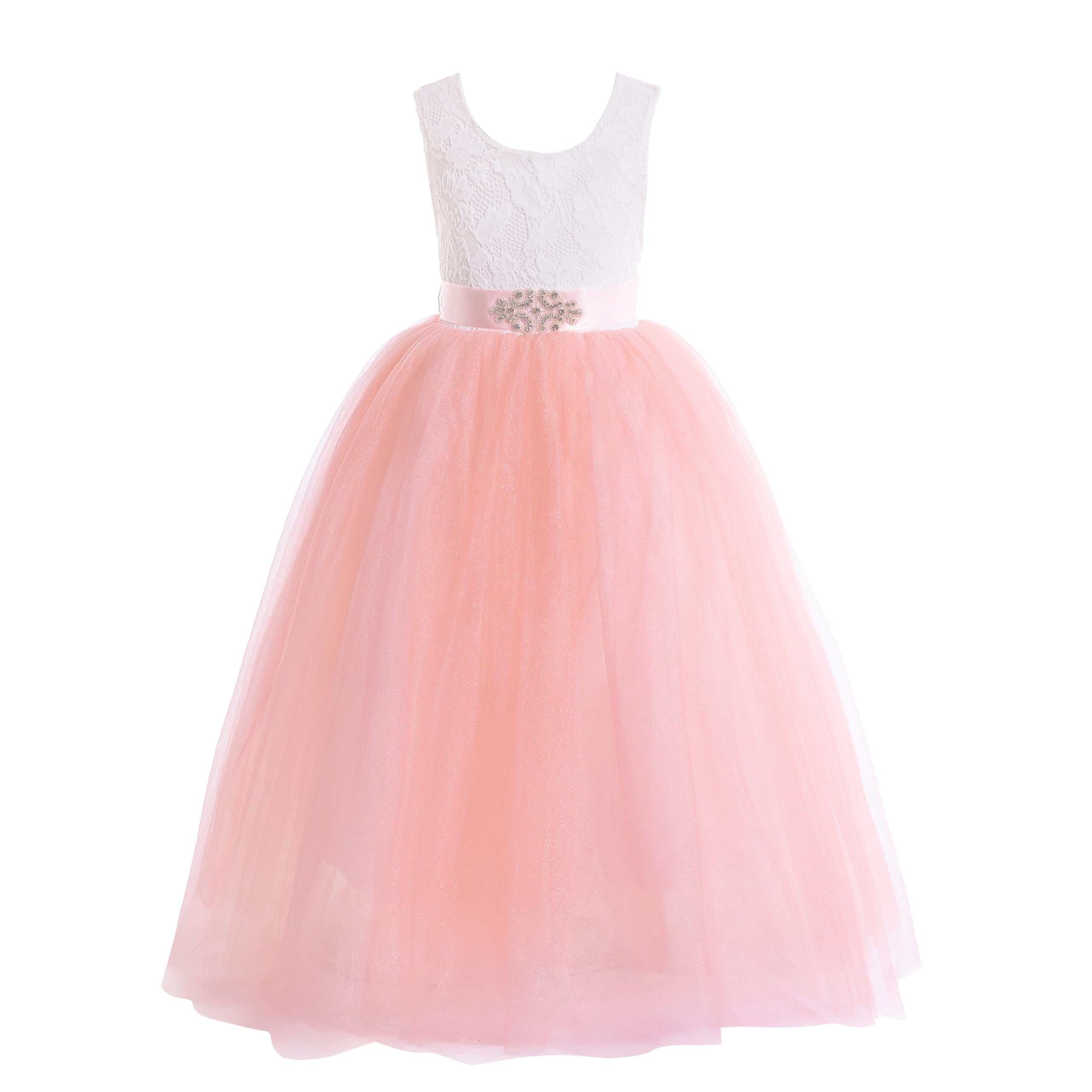 Glamulice Sleeveless Flower Girl Dress A-Line Straight Tutu Tulle Backless Princess Puffy Lace Dresses Party Gown