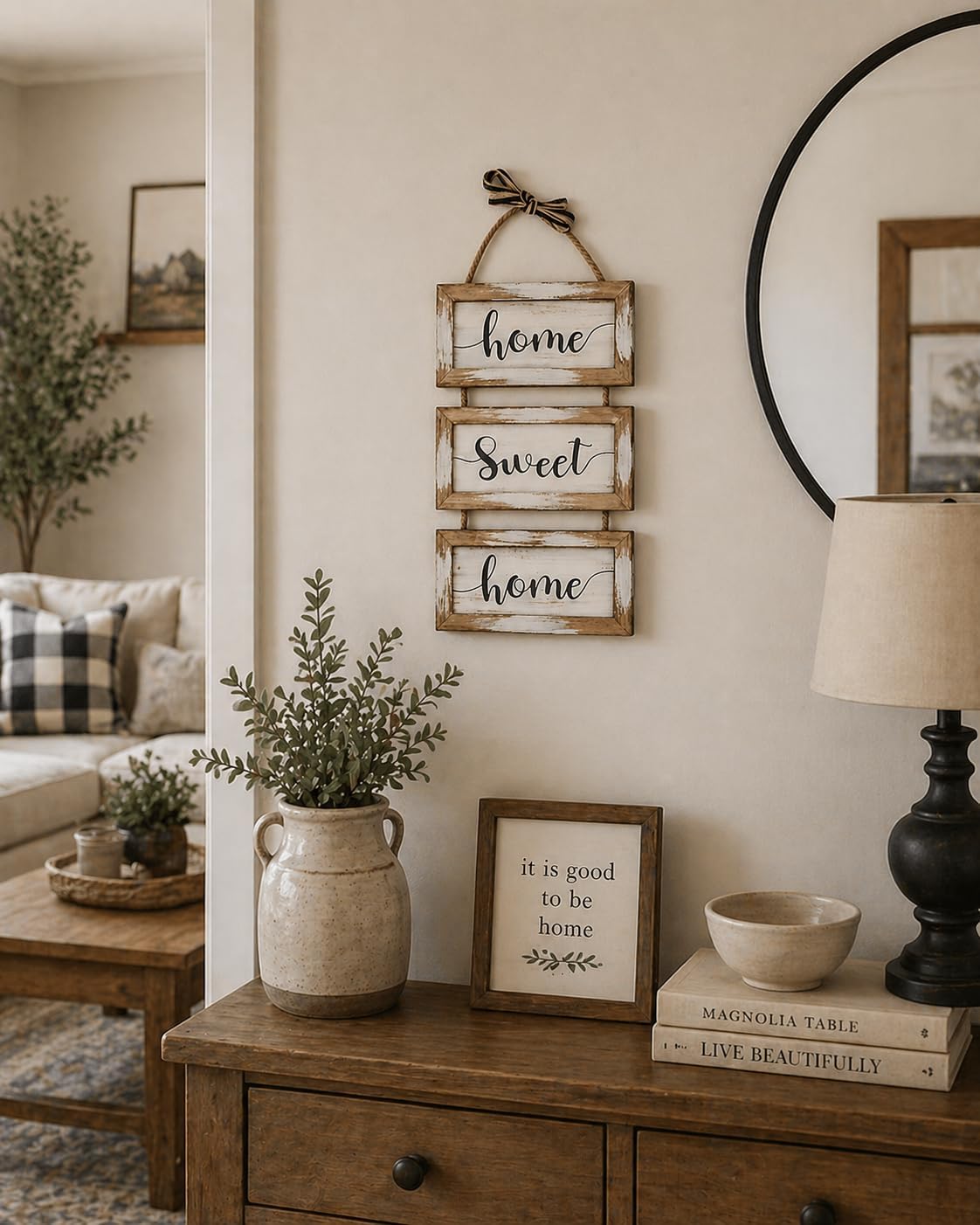 Home Family Wood Wall Art Hanging Sign Rustic Farmhouse Decor Inspirational Quote Plaque Jute Rope Indoor Outdoor Porch Entryway Decor 20" x 9" (Home Sweet Home) image 3