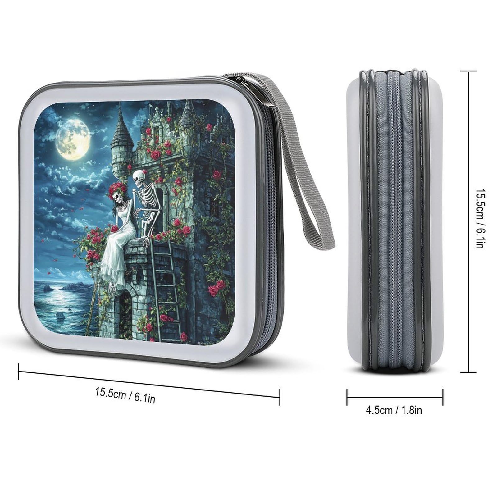 Romantic Gothic Skeleton Lovers Castle CD Case Plastic DVD Case Holder Wallet Disc Storage Organizer for Car Travel