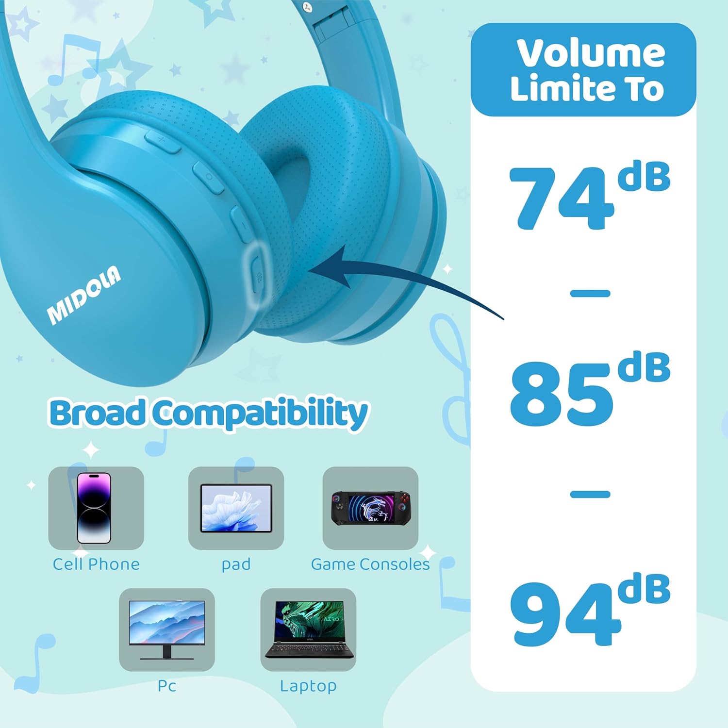 MIDOLA Kids Headphones Bluetooth 5.4 Wireless 68H Play Time Volume Limit 85/94dB Over-Ear Foldable Headset,Type-C Fast Charging,with Wired Aux Mic for Toddler Child Pad Tablet Blue - Image 7