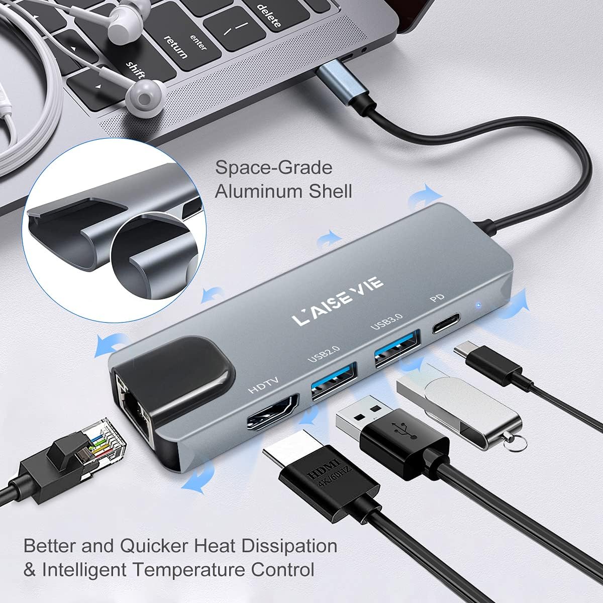 USB C Hub, 5 in 1 USB C 4K@32Hz HDMI Adapter with Ethernet Port, 100W Power Delivery PD Type C Charging Port, USB 3.0& 2.0 Adapter Compatible for MacBook Pro, Chromebook, XPS, and Devices Silver image 4 of 7 B09963DQ6Q