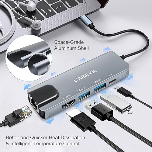 Miniatura 4 de Hub USB C, 5 en 1 USB C 4K a 32Hz HDMI adaptador con puerto Ethernet, suministro de energía de 100 W, puerto de carga PD tipo C, adaptador de