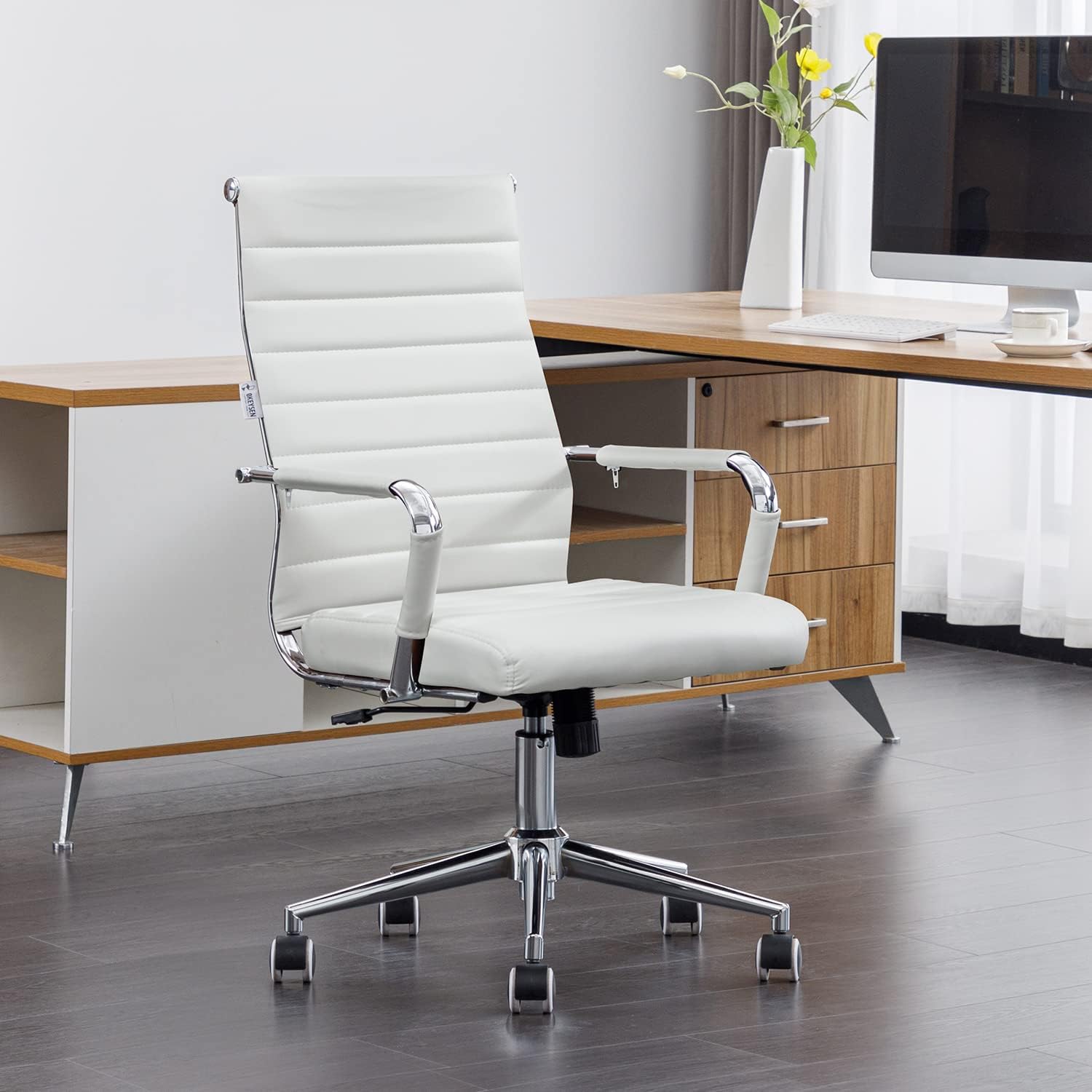 Okeysen Office Desk Chair, Ergonomic Modern High Back Ribbed, Height Adjustable Tilt, Upgraded Seat with Arm PU Wrap, Swivel Executive Conference Task Rolling Chair. (White)