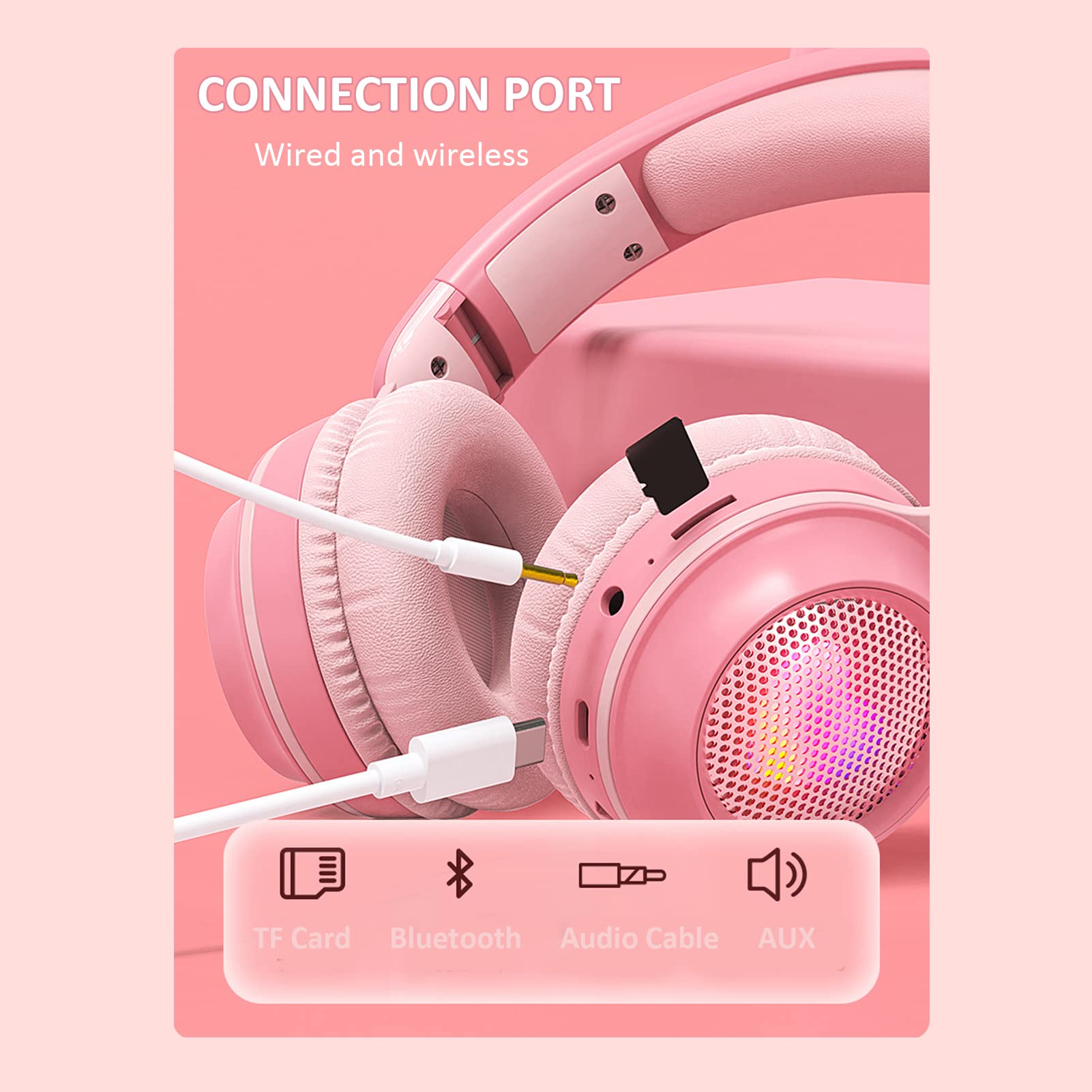 Auriculares para Niños, Auriculares Bluetooth 5.0 con Oreja de Conejo, Auriculares Inalámbricos Plegables con Luz LED sobre la Oreja, Soporte TF/AUX, Regalos para Niños, Niños Pequeños,(Rosado)
