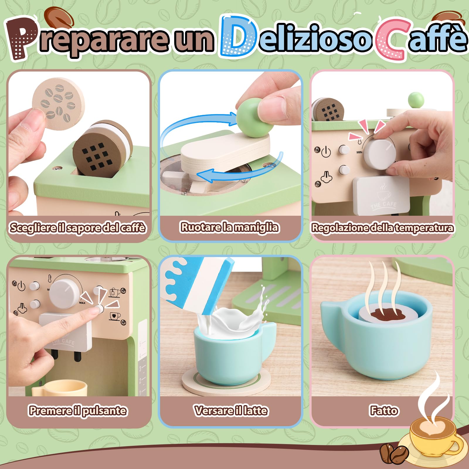 VBACALA Macchina da Caffè in Legno per Bambini,14 Pezzi Macchina da Caffè Espresso con Suoni e Bottoni,Accessori Cucina Bambini in Legno,Torta e Croissant in Tessuto,Regalo adatto a bambini dai 3+anni