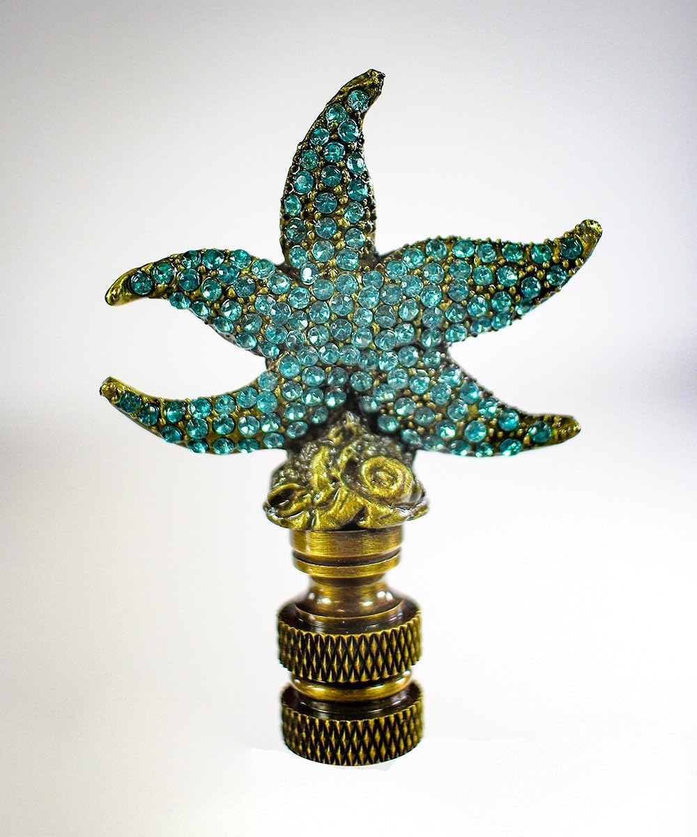 Starfish with Aagean Blue Glass Lamp Finial Antique Metal 2.25" h