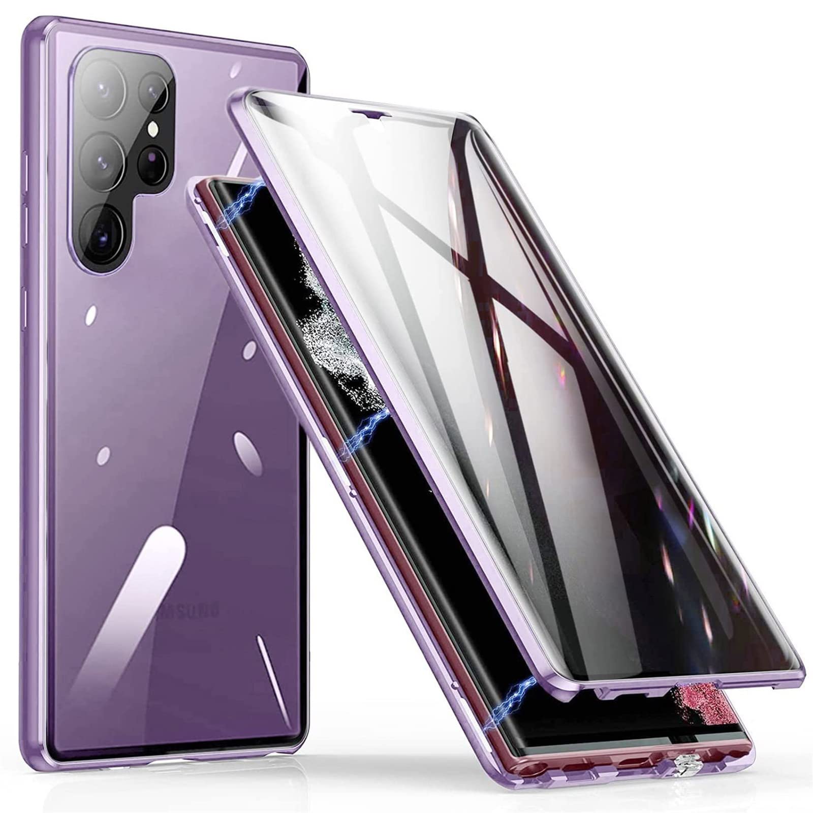 Anti-Spy Magnetic Case for Samsung Galaxy S23/S23 Ultra Privacy Magnetic Adsorption Double Sided Tempered Glass Metal Bumper Frame Anti-Peeping Phone Case Cover,Purple,For Samsung S23Ultra