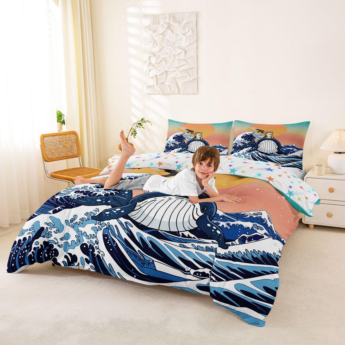 Homewish Whale Beach - Set di biancheria da letto con copripiumino super king size kawaii coraggiosi gatto giapponese acquerello cielo stellato tramonto copripiumino blu oceano onde Ukiyoe set da