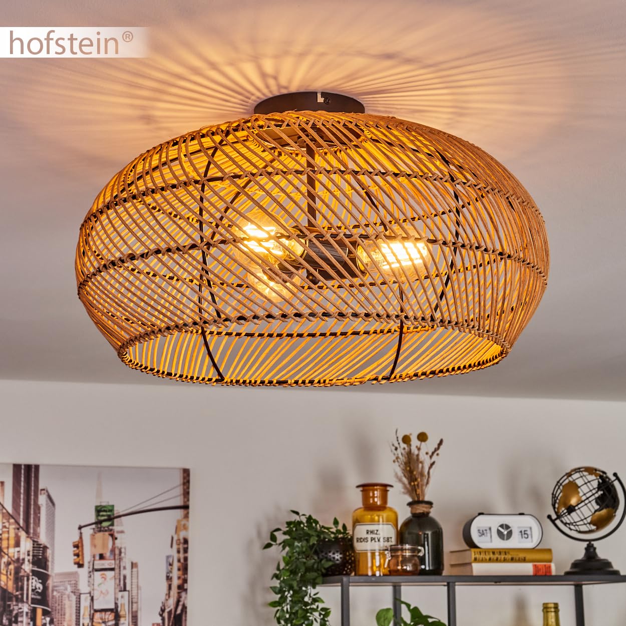 Lampa sufitowa Brandala, nowoczesna lampa sufitowa z metalu/rattanu w kolorze czarnym/naturalnym, lampa sufitowa w stylu boho ze wspaniałym efektem świetlnym na suficie, Ø 50 cm, 3-żarówkowa, 3 x E27,