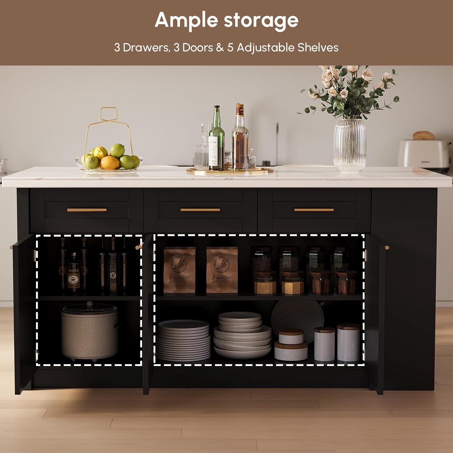 homary 72" Kitchen Island with Storage Large Kitchen Cabinet with Drawers Black & Sintered Stone Top Island Table for Dining Room