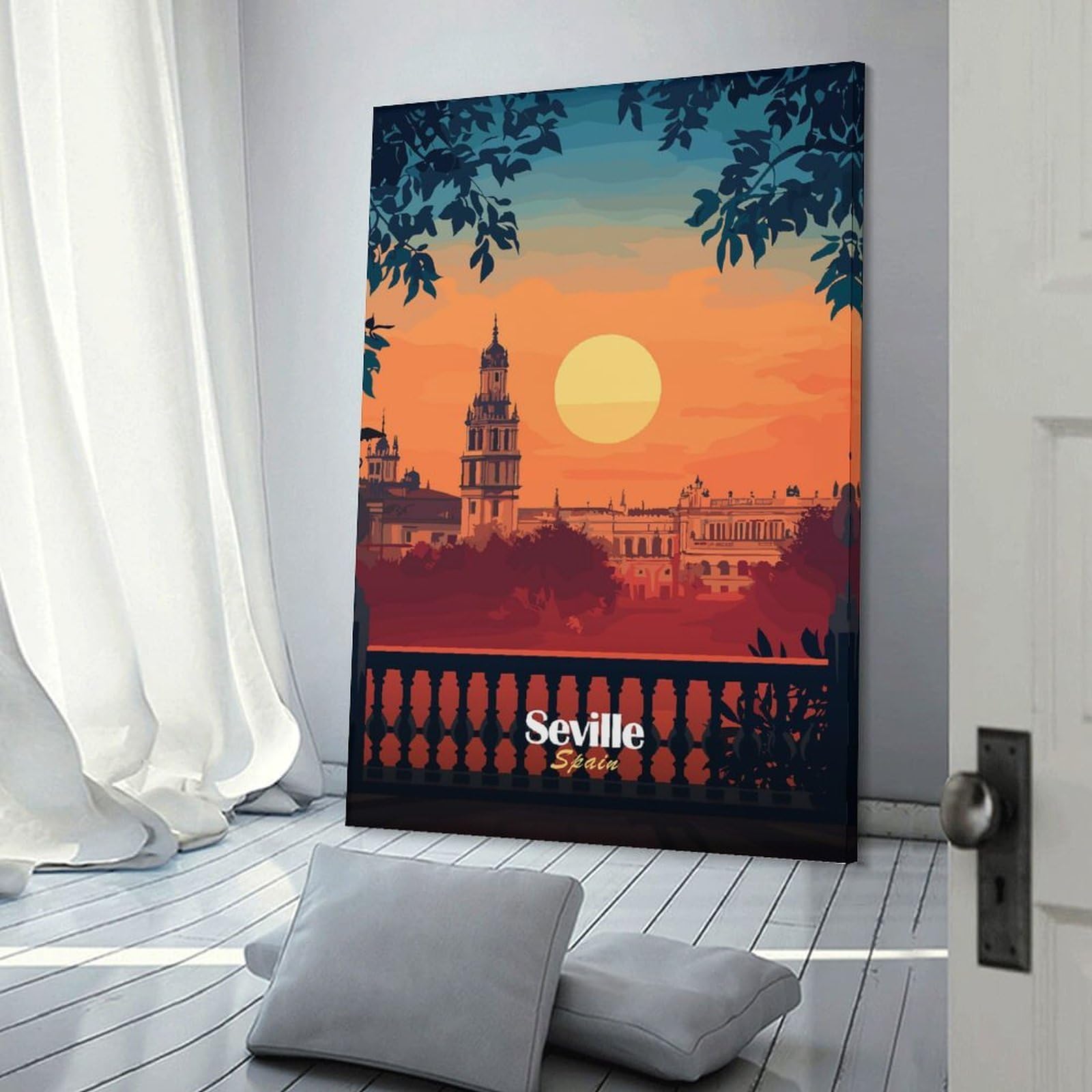 Junmoney Frame-Style-4 Room Decor Wall Art Seville Sunset Cityscape, 24X36inch(60X90cm), For Lounge Decor, Bedroom Walls Or Flats, Canvas Styling For A Polished Room Look