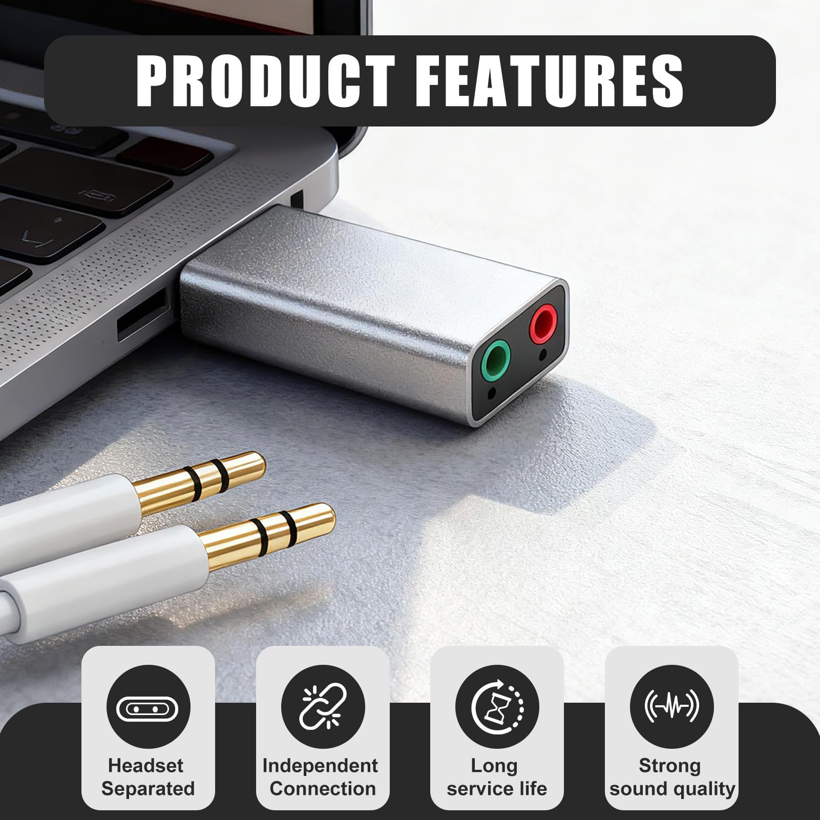 Adaptador USB a Jack 3.5 mm, Tarjeta de Sonido USB Externa para PC Laptop PS4 Auriculares con Micrófono, Adaptador de Audio 3D Compatible con Windows, Mac, Linux, Altavoces y Auriculares