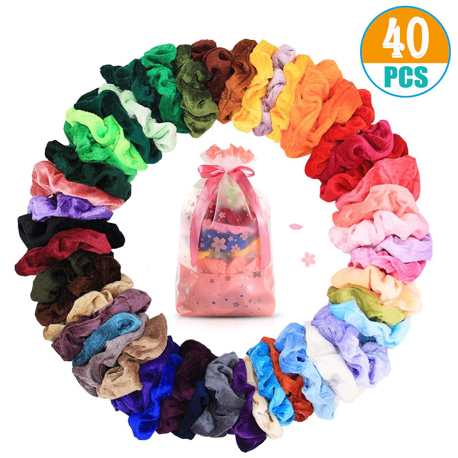 BeYself Velvet Hair Scrunchies, 40Pcs Colorful Elastic Hair Ties Scrunchy, Ponytail Holder Bands with Storage Bag for Women Girls Lady Children Hair Accessories