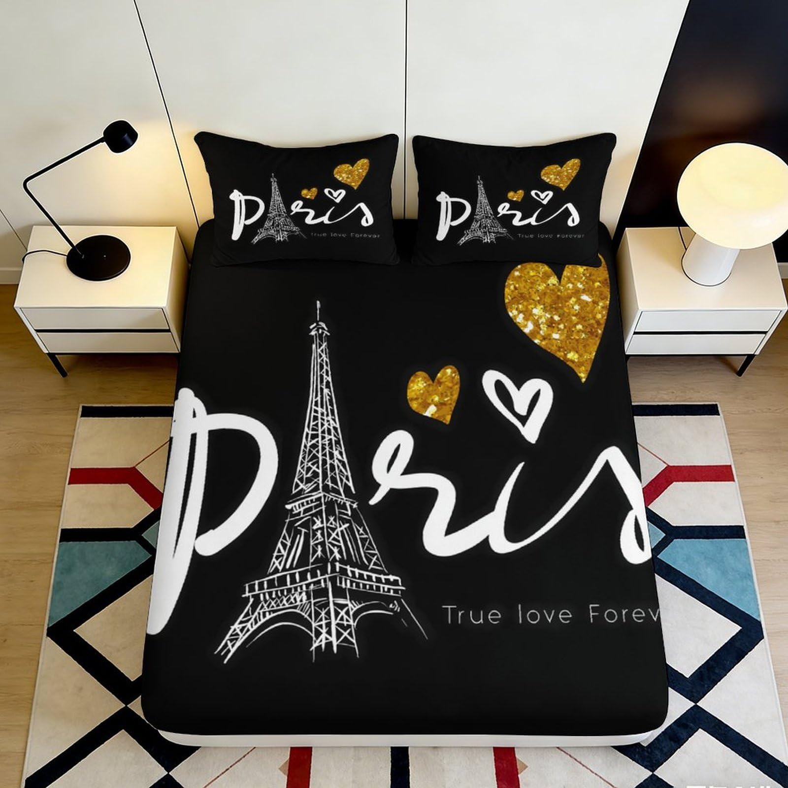 3D Printed Paris Theme Fitted Sheet Microfiber Deep Pocket Non-Slip Bedroom Bedding Set Eiffel Style Mattress Fitted Cover Washable for Adults 200x200x25cm 90x200x25cm