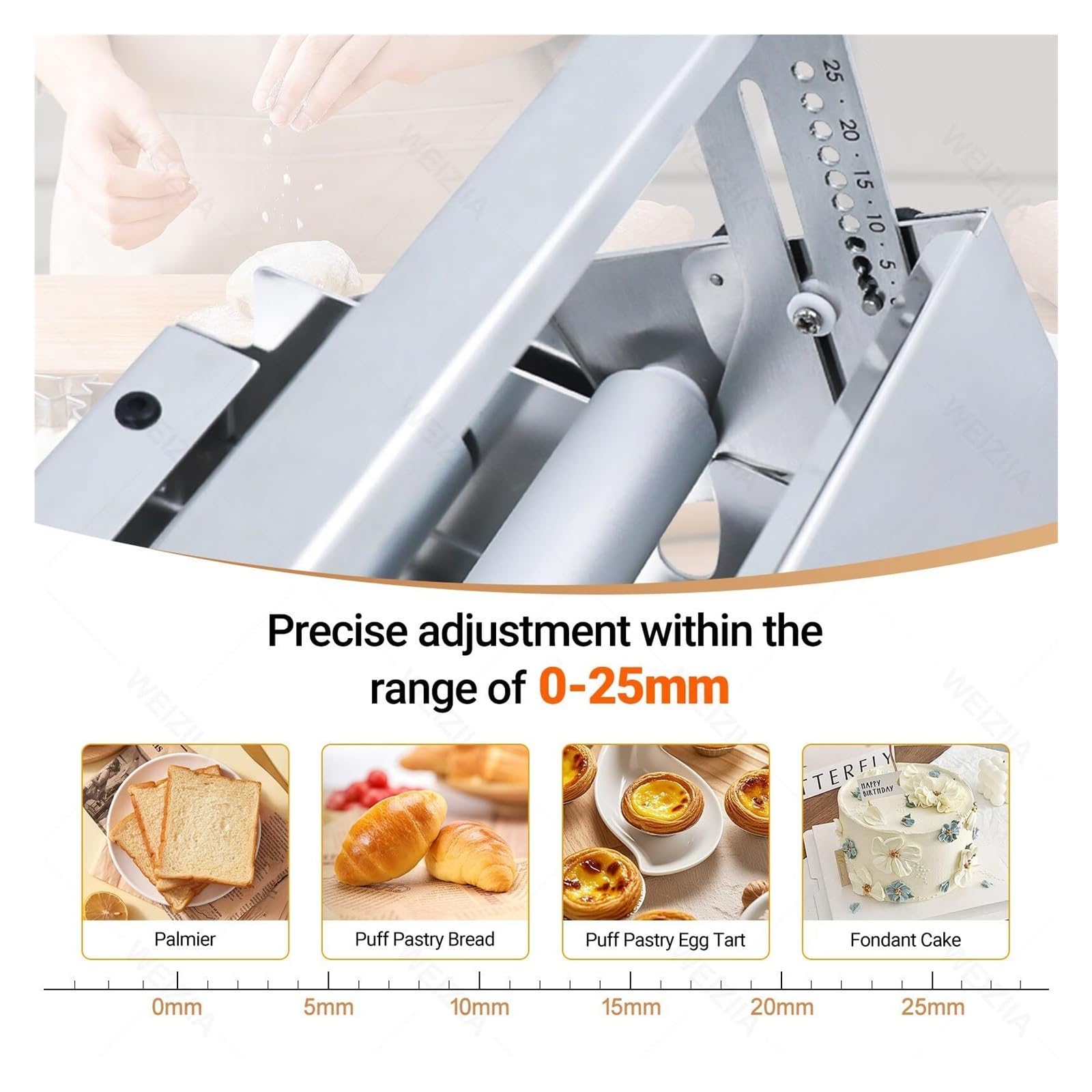 Manuelle Teigausleger, Croissant Teig Laminiergerät, Teigmaschine aus Edelstahl, Teigstärke einstellbar 0-25mm, faltbar, für Croissants und Pizzabäckereien