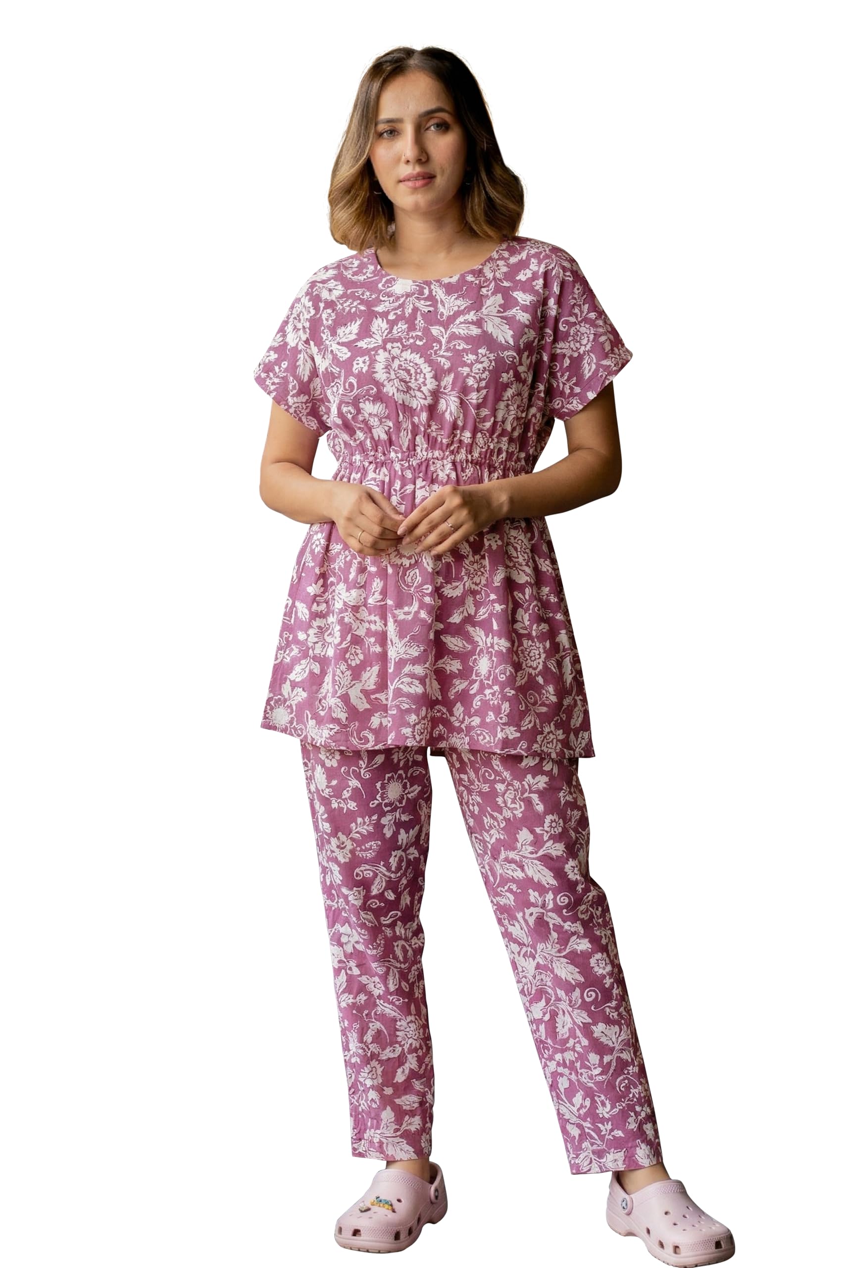 Pure Cotton Cord Set | Floral Printed 2 Piece Co-ord Pair for Women | Ethnic Kurta Pant Outfit for Office Wear & Daily Style