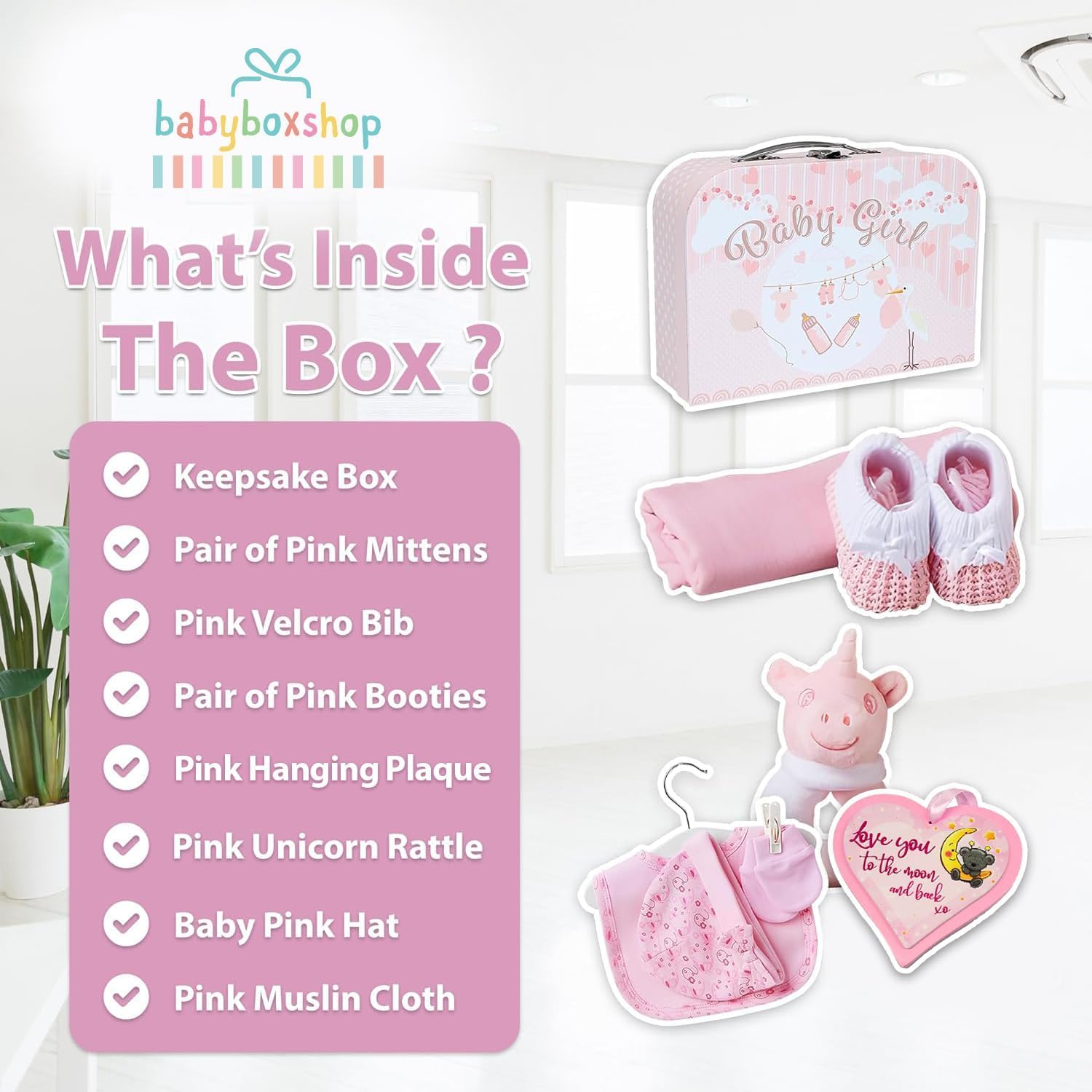 Baby Box Shop Baby Girl Gift Set Newborn Essentials in a Keepsake Box - All-in-One Ready-to-Gift Baby Shower Gift for Girls with Rattle Bib Booties Mittens Hat Muslin Cloth - Premium Baby Girl Hamper — view 3