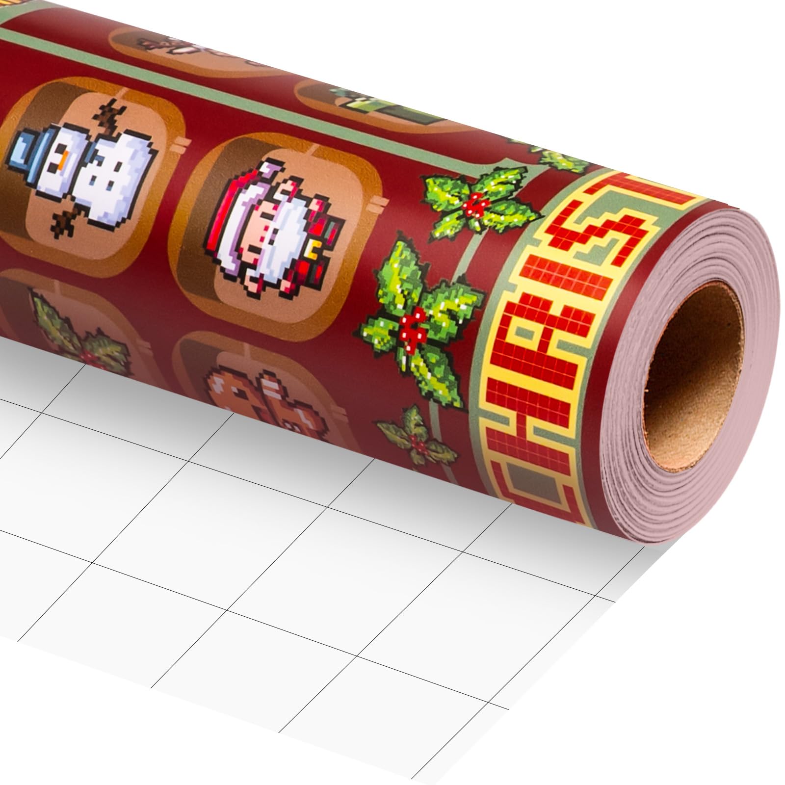 Wikadlik Pixel Art Christmas Wrapping Paper - 43cm x 5m Retro Video Game Style Santa, Reindeer & Ornaments Design Red Gift Wrap for Gamer Gifts, Holiday Parties