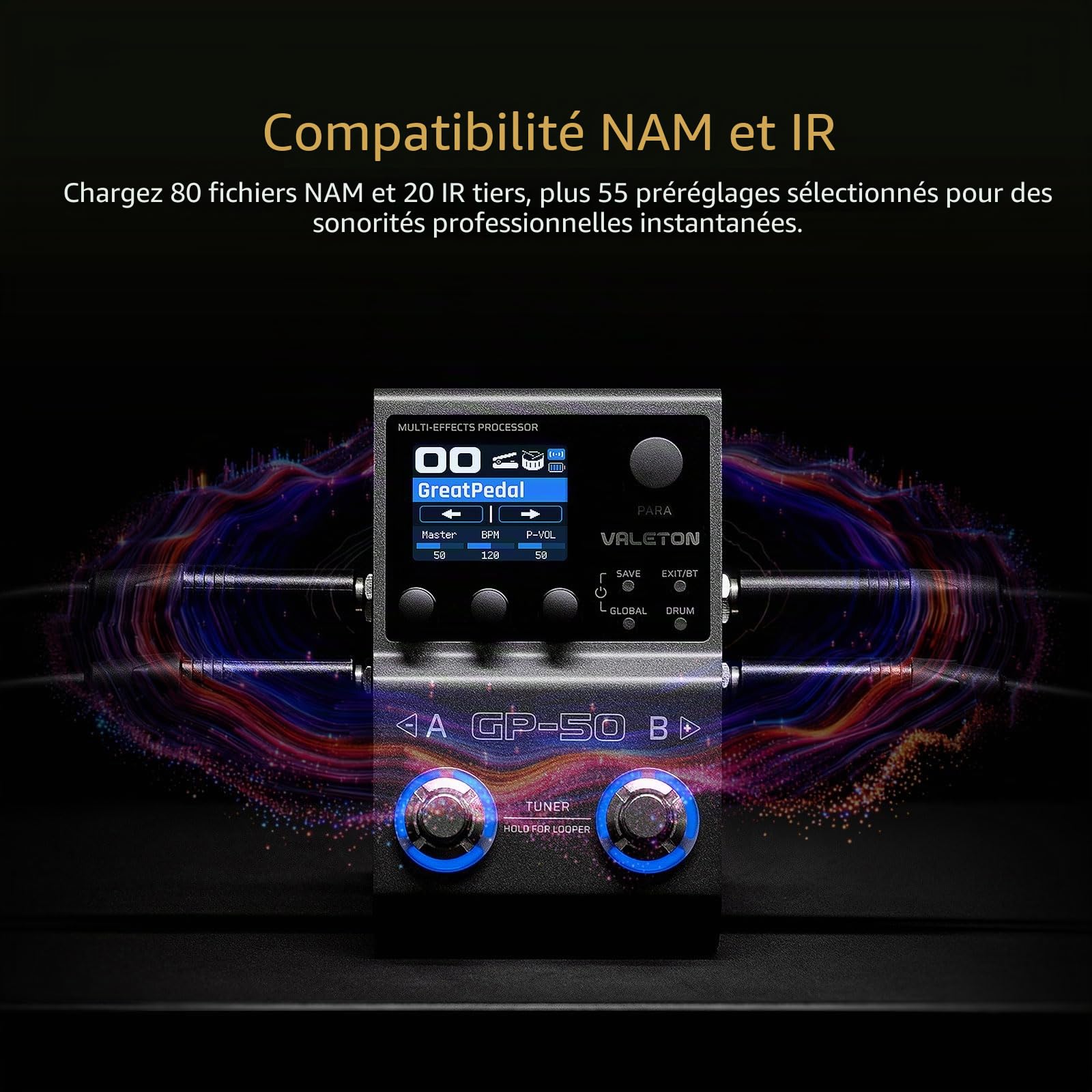 VALETON Processeur Multi-Effets & Chargeur NAM/IR avec 100+ Effets HD, 9 Modules Simultanés, Contrôle par App BT, 100 Emplacements de Patches pour Guitare et Basse GP-50