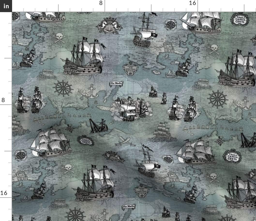 Spoonflower Fabric - Pirate Ships Map Grey Small Sword Storm Antique Historical Gray Printed on Petal Signature Cotton Fabric by The Yard - Sewing Quilting Apparel Crafts Decor