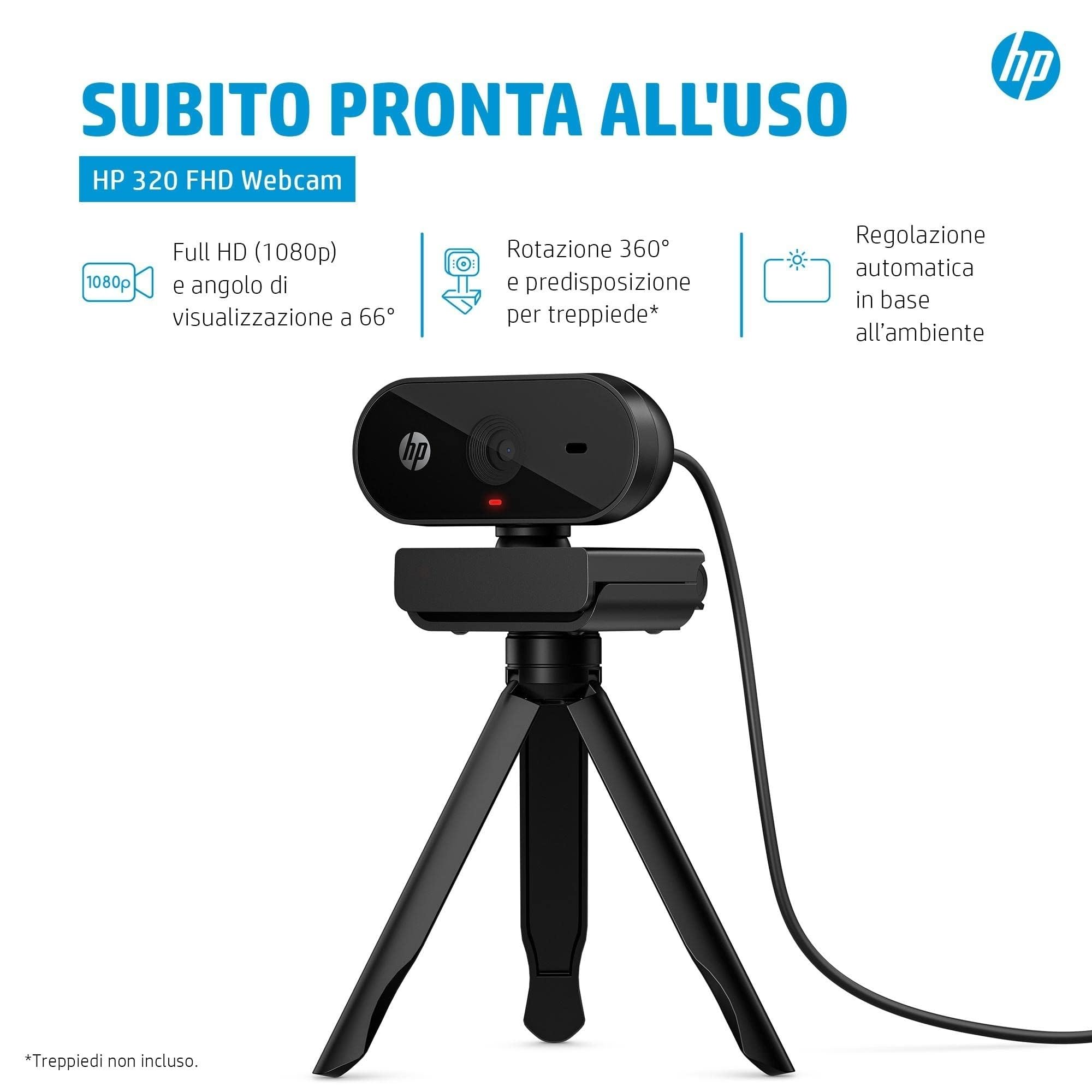 HP 320 Webcam FHD 1080P, USB, Grandangolare, Copriobiettivo, Angolazione regolabile, Correzione Automatica Luminosità, Certificata Works With Chromebook, Chrome OS, Windows 11, macOS, Nera
