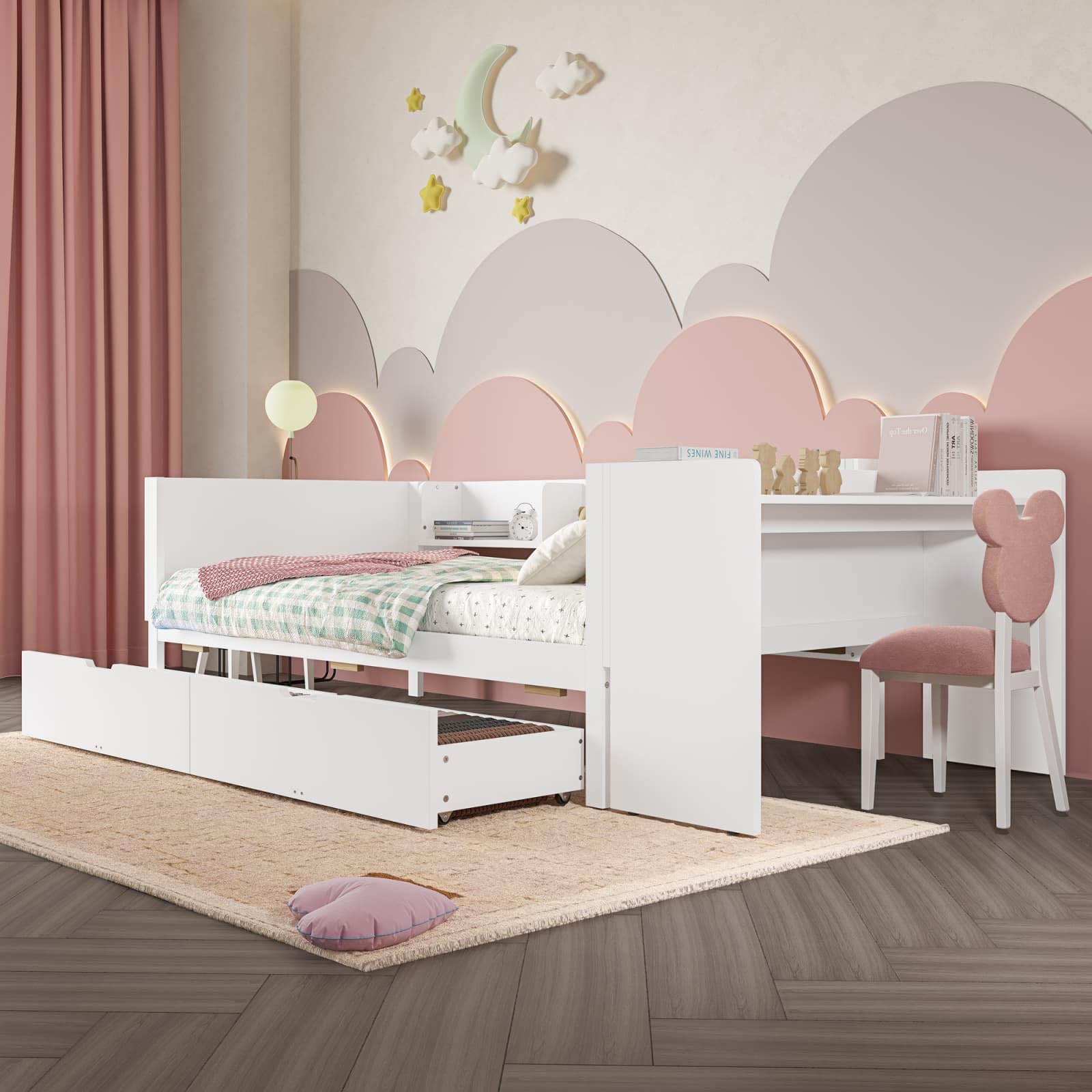 KOMHTOM 90x200/140x200cm Lit Plat avec 2 Tiroirs et Sommier à Lattes, Lit en Bois Multifonctionnel avec Bureau et étagères(sans Matelas) (Blanc-avec tiroirs, 90x200cm)