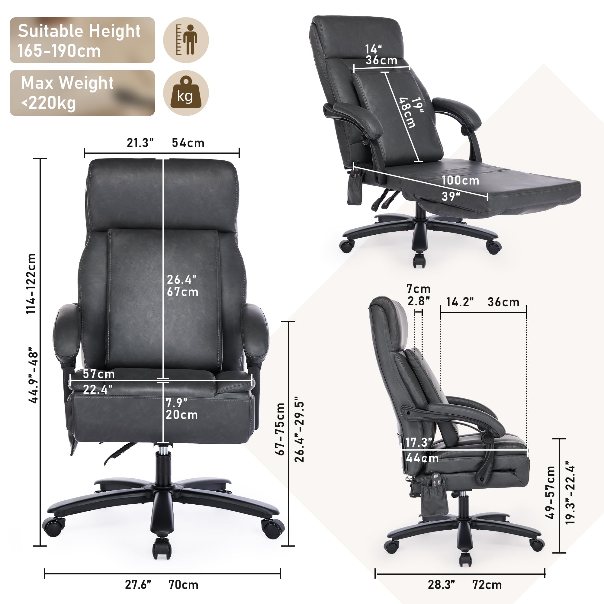 Bürostuhl mit Massage, Ergonomischer Kunstleder Chefsessel mit 135° Liegefunktion, Höhenverstellbar Drehstuhl mit Klappbarer Sitzfläche, Gepolstertem Lendenkissen Schreibtischstuhl (Schwarz)