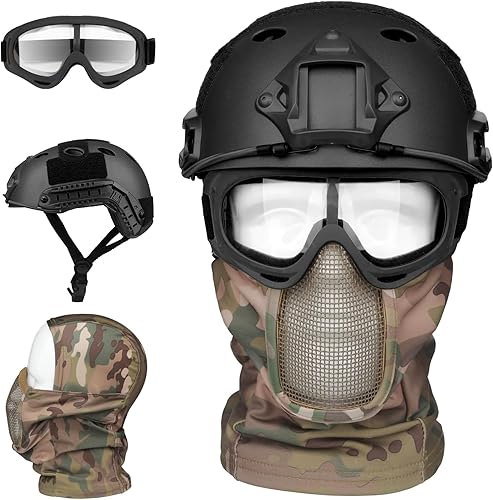 Miniatura 1 de Casco de Airsoft, casco táctico negro, malla de máscara de Airsoft, máscara de pasamontañas elástica, gafas antivaho Airsoft, protección táctica