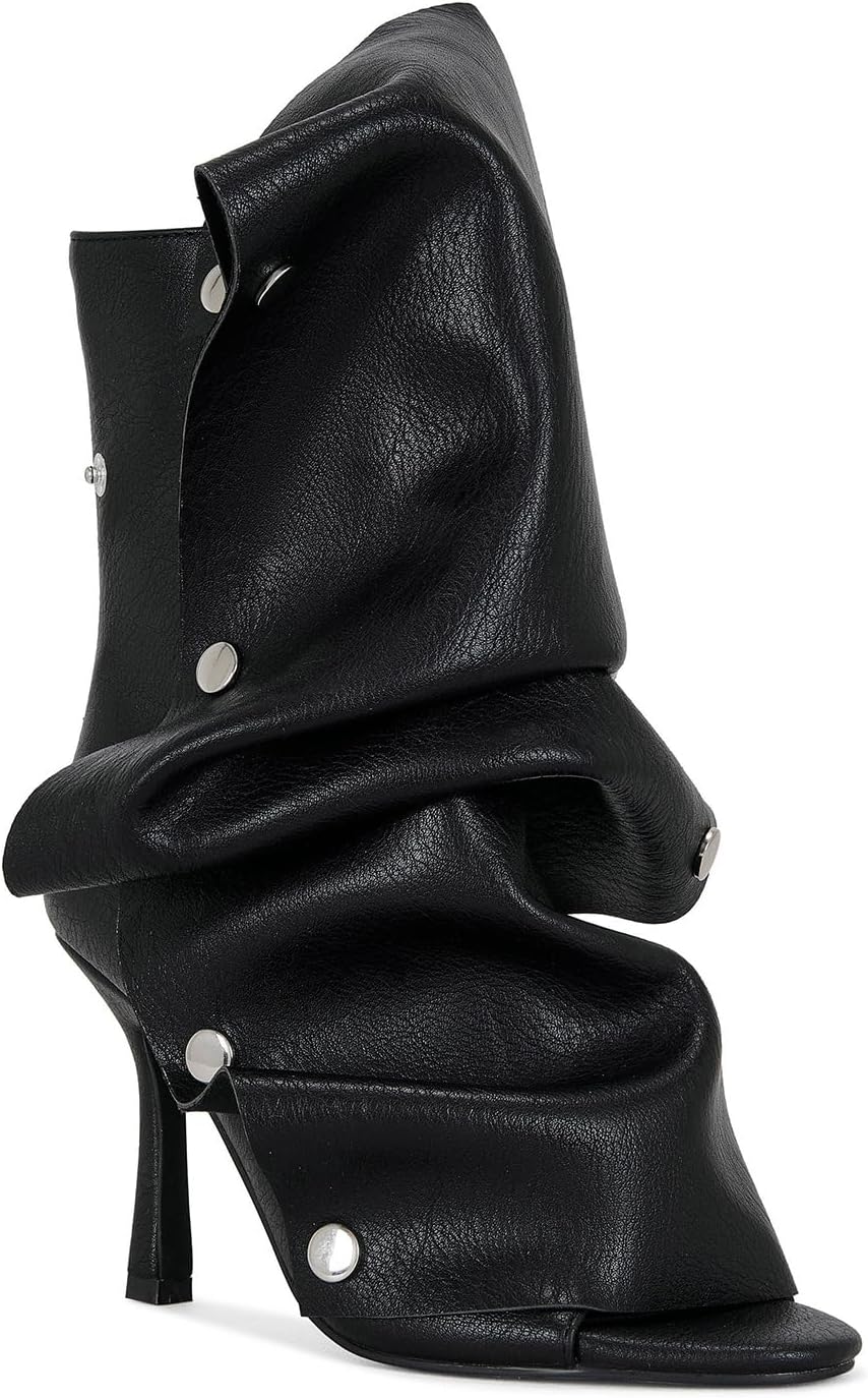 RKQ Women's Suede Rhinestones kitten Stiletto Heels Peep toe Ankle Boots cute Back zipper Detachable buckle Panel Slouchy Dress Party y2k summer Short booties