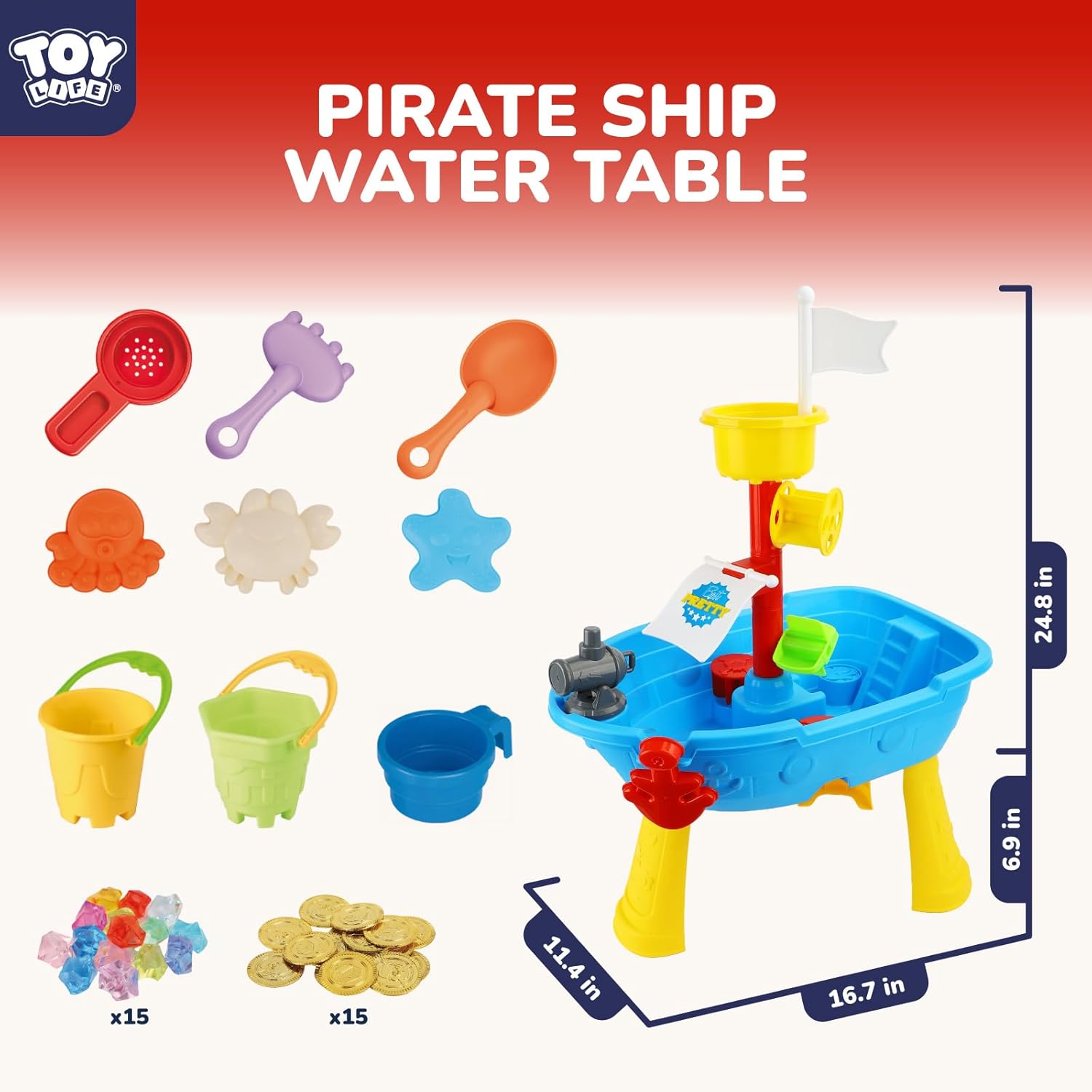 TOY Life Pirate Ship Water Table Set with 13 Gold Coins, 10 Gems, 6 Molds, 3 Shovels and Cup, Sand and Water Play Table for Kids, Indoor and Outdoor Use