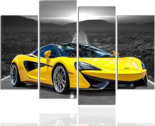 Póster de pared en blanco y negro, 4 piezas de automóvil deportivo amarillo grande, lienzo para habitación de niños, dormitorio, sala de estar, disponible en Yaxa Mexico